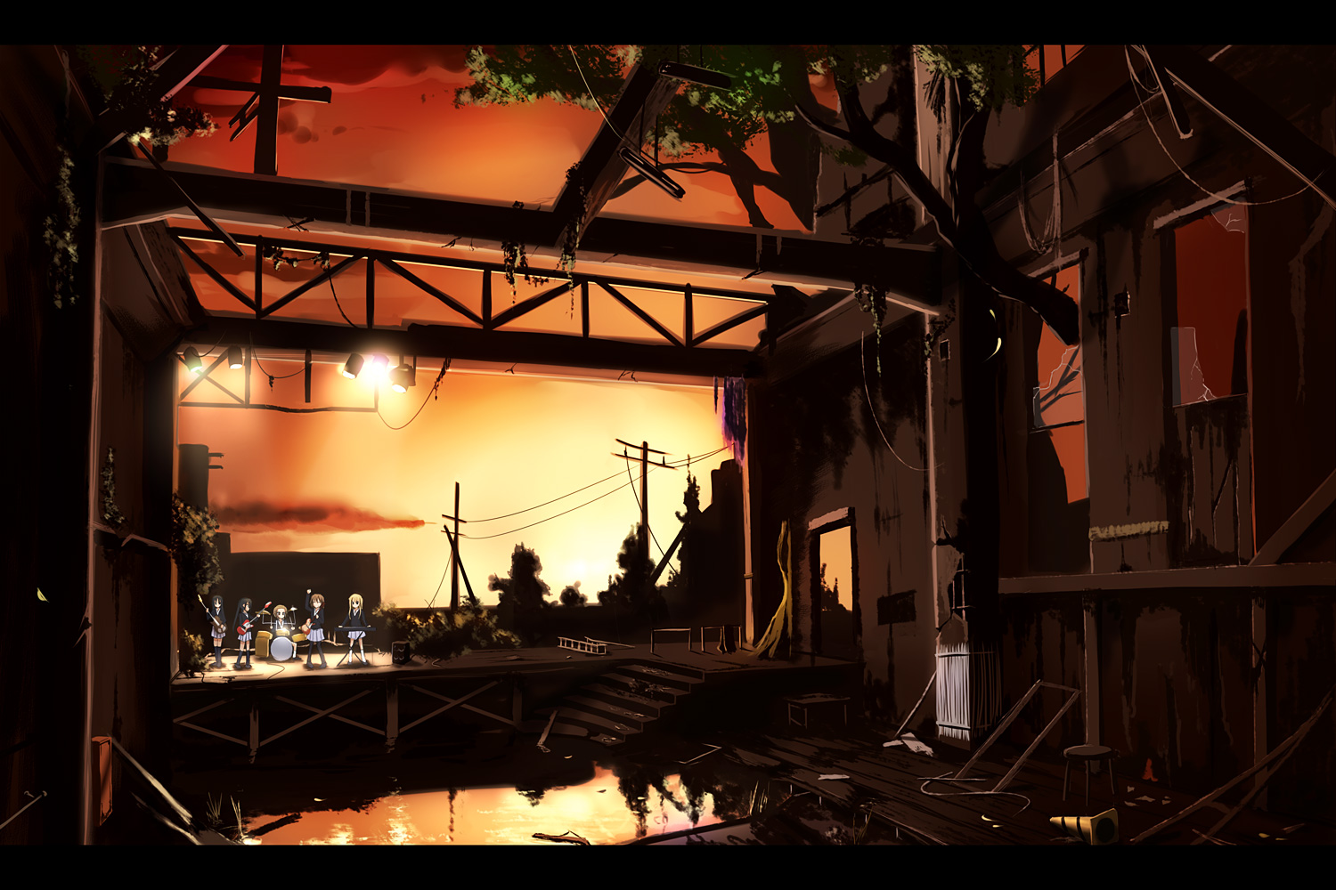 akiyama_mio, drums, guitar, hirasawa_yui, instrument, k-on!, kotobuki_tsumugi, mashayuki, nakano_azusa, ruins, sky, sunset, tainaka_ritsu, water