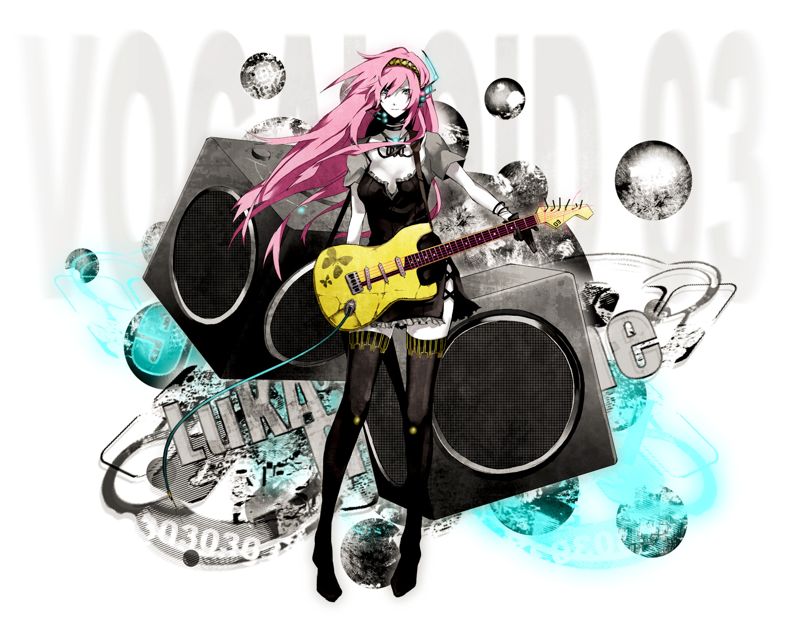 arisaka_ako, blue_eyes, dress, gloves, guitar, headband, instrument, long_hair