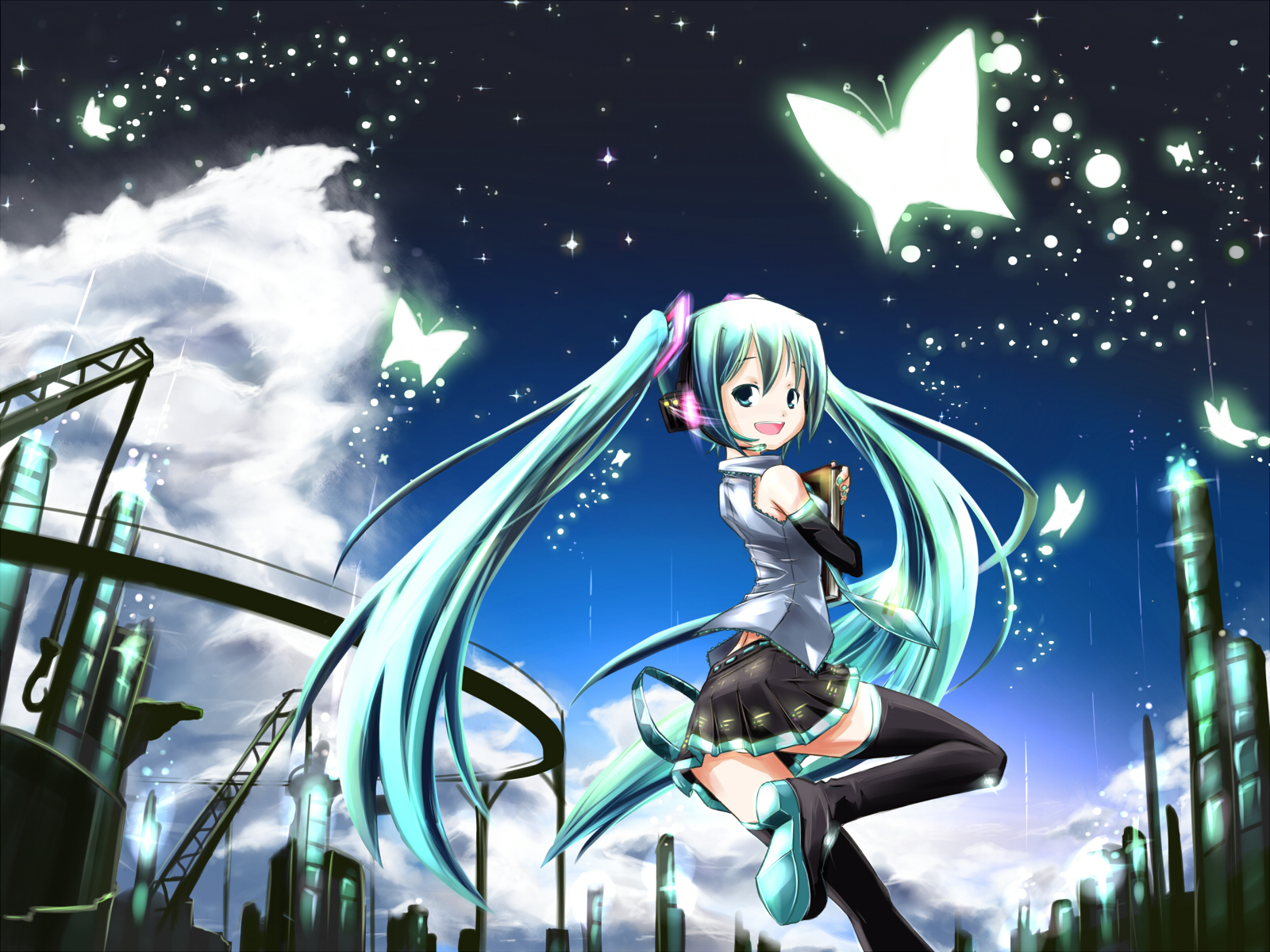 aqua_hair, butterfly, clouds, hatsune_miku, headphones, hokuchin, long_hair, sky, thighhighs, twintails, vocaloid
