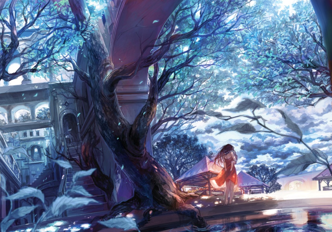 dress, long_hair, scenic, shimetta_oshime, tree