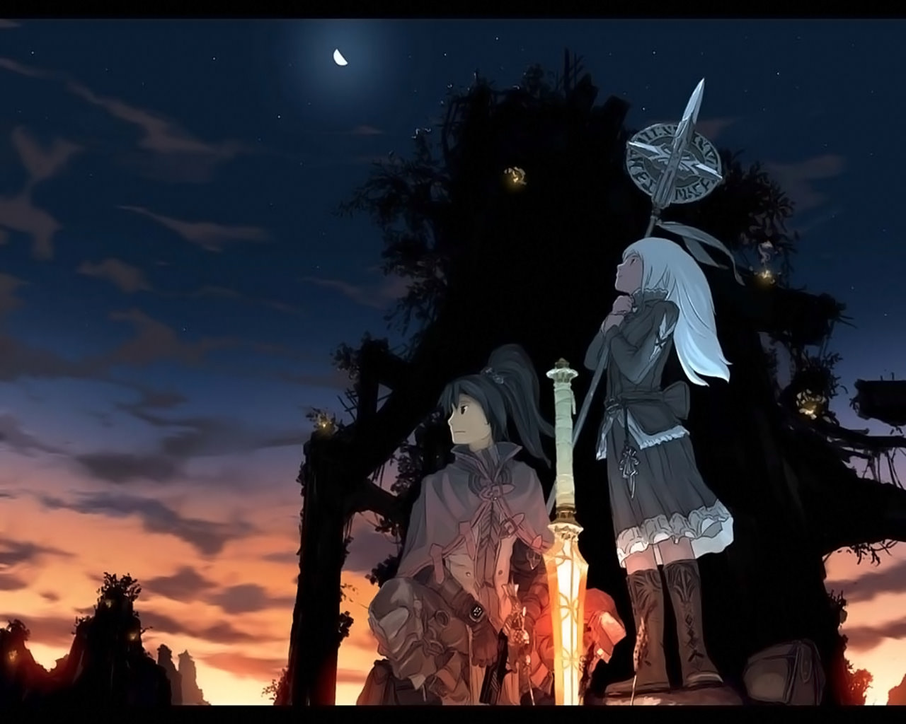 black_hair, boots, cape, clouds, dawn, jpeg_artifacts, moon, ponytail, scenic, sky, sunset, sword, teikoku_shounen, tree, weapon, white_hair