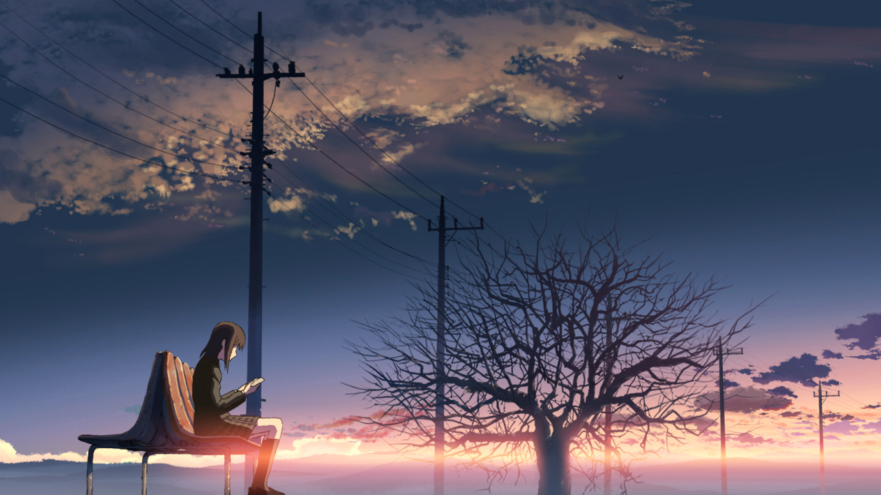 brown_hair, byousoku_5_centimetre, clouds, scenic, school_uniform, shinkai_makoto, shinohara_akari, sky, sunset, tree