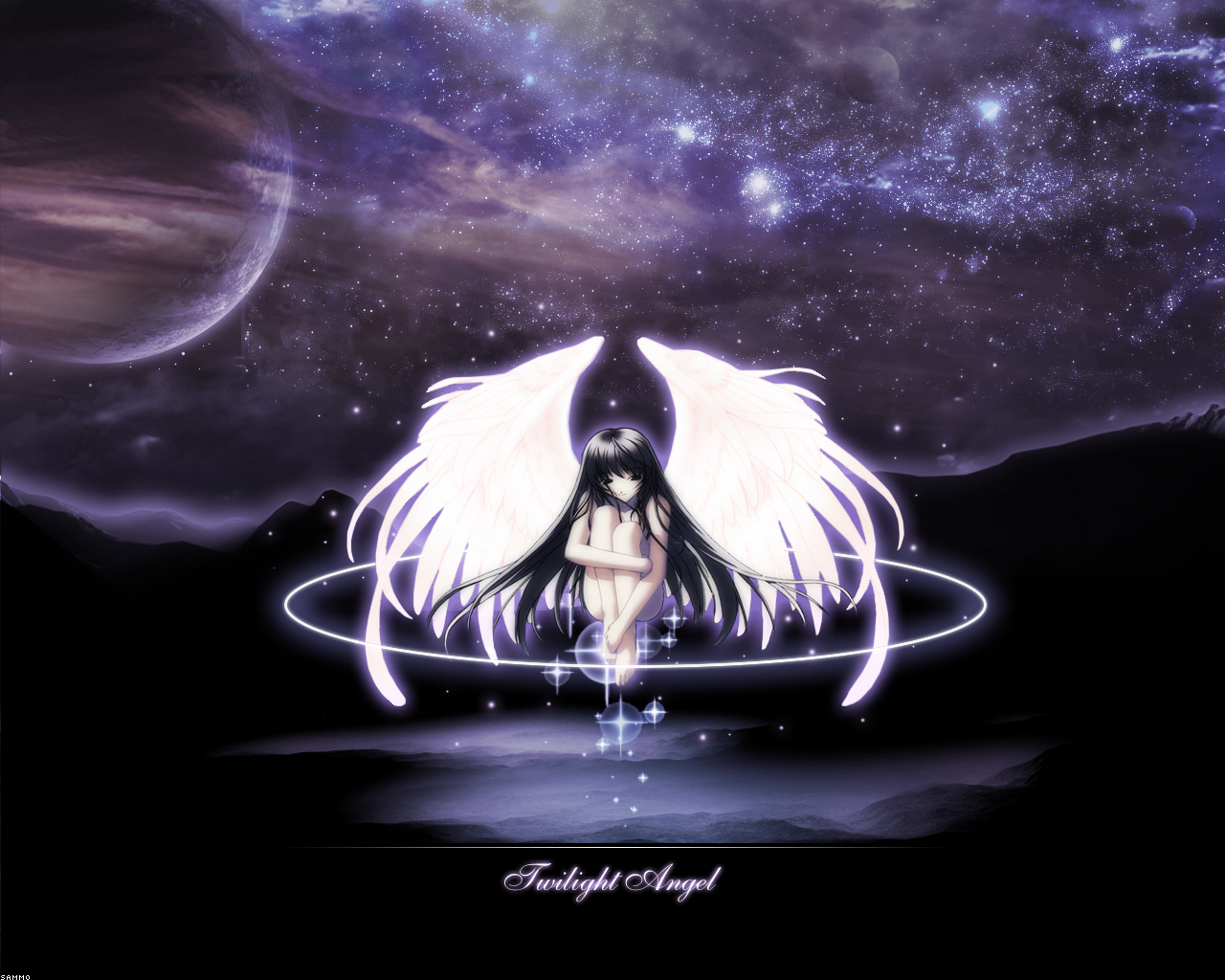 angel, barefoot, black_eyes, black_hair, long_hair, moon, night, nude, planet, space, stars, tagme_(artist), twilight, wings