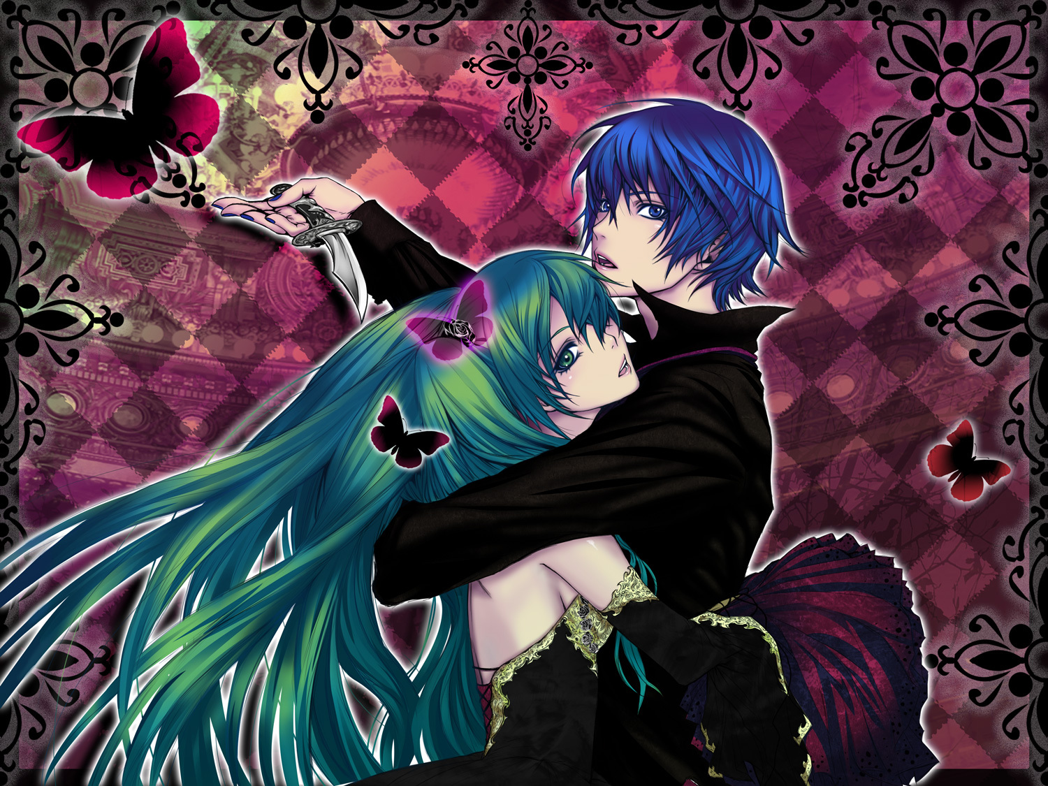 cantarella_(vocaloid), hatsune_miku, hug, kaito, male, nayu, vocaloid