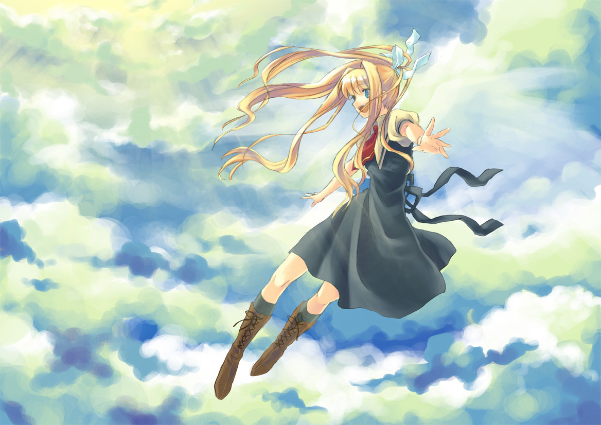 air, blonde_hair, blue_eyes, boots, clouds, kamio_misuzu, school_uniform, sky, yone_f15