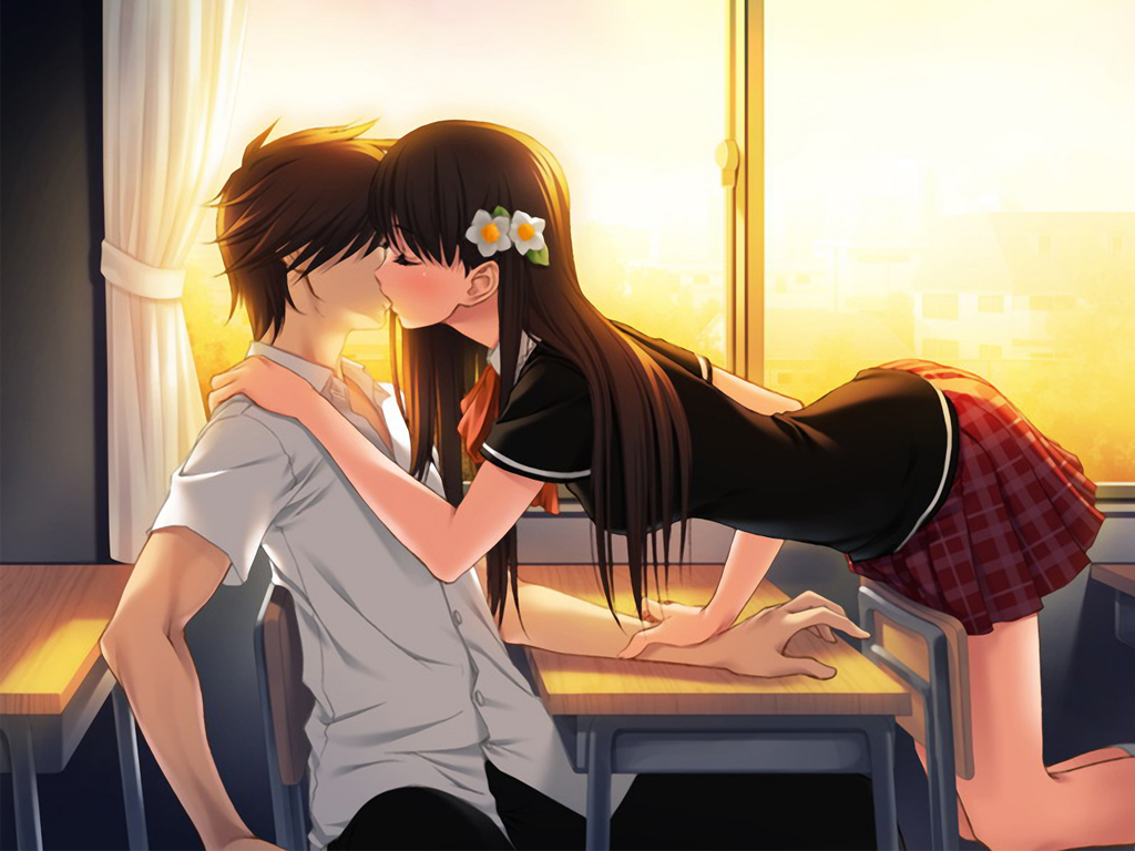 blush, brown_hair, flowers, kiss, long_hair, male, queen_bonjourno, sano_toshihide, school_uniform, short_hair, sunset