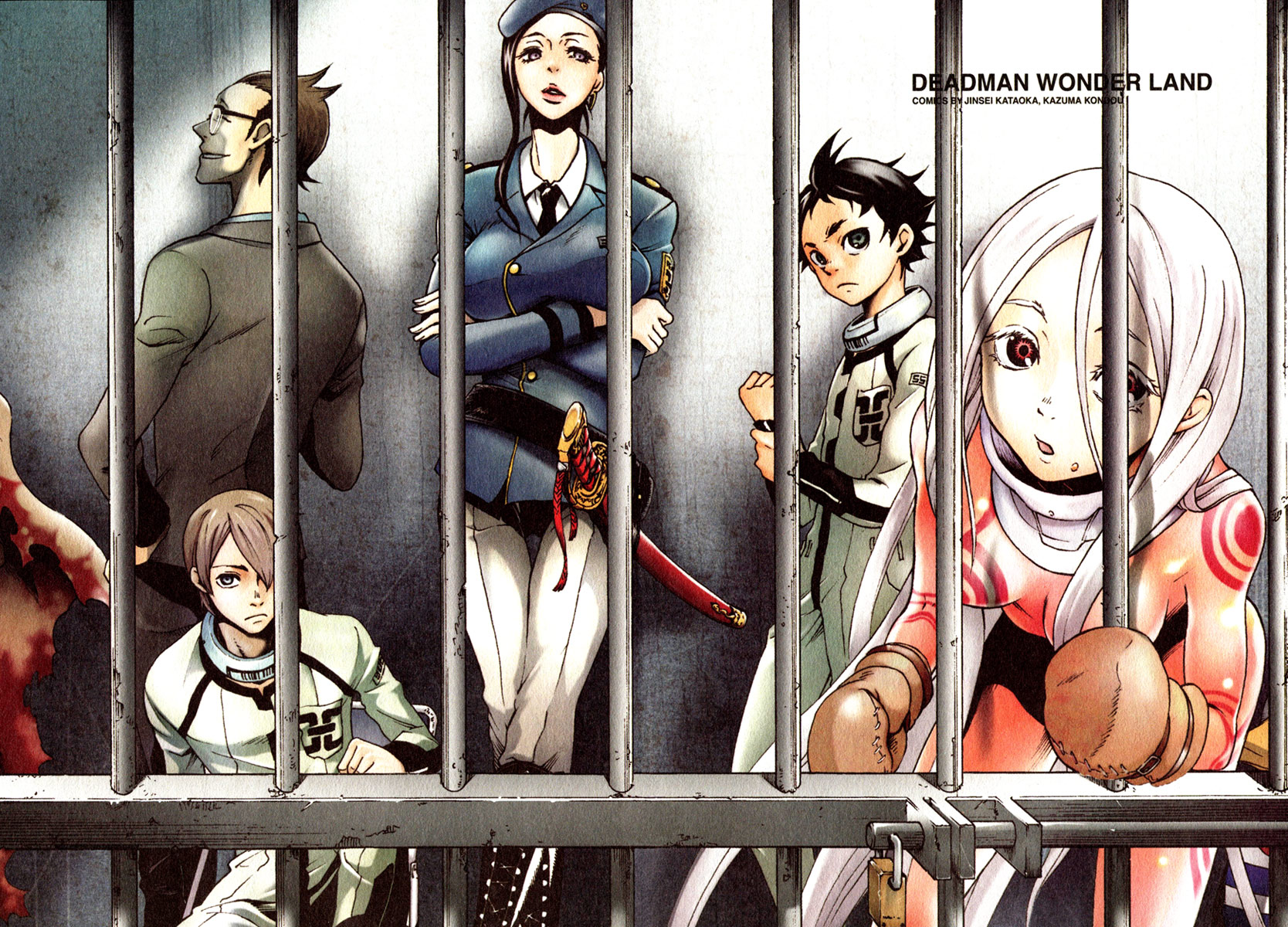 bodysuit, deadman_wonderland, igarashi_ganta, makina, red_eyes, shiro_(deadman_wonderland), takami_yoh, tamaki_tsunenaga