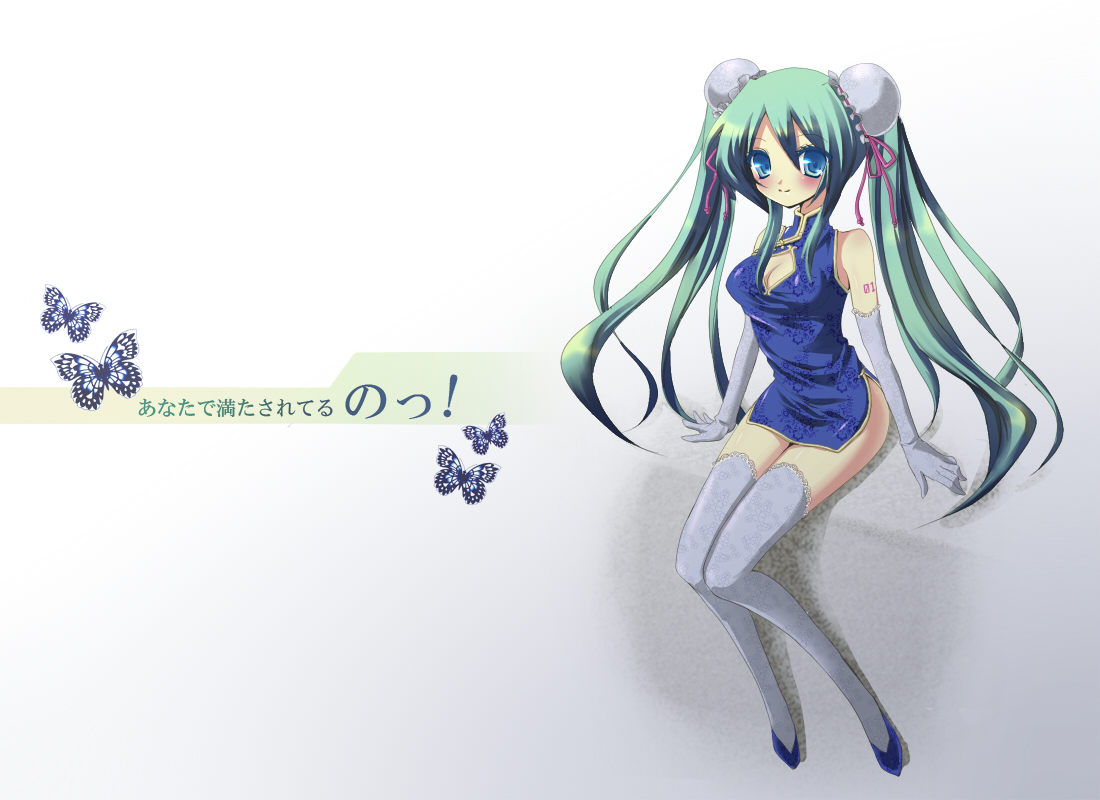 blue_eyes, butterfly, chinese_clothes, chinese_dress, dress, elbow_gloves, gloves, green_hair
