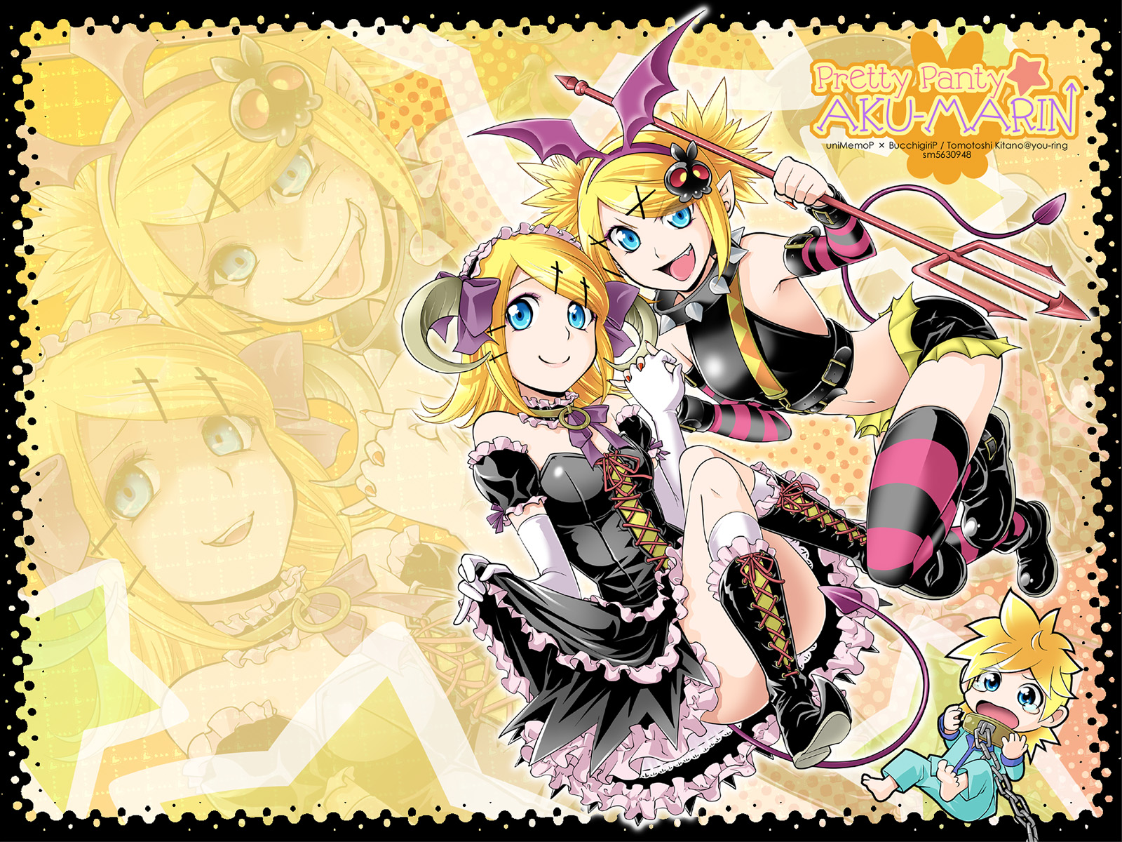 blonde_hair, blue_eyes, chibi, kagamine_len, kagamine_rin, kitano_tomotoshi, male, pointed_ears