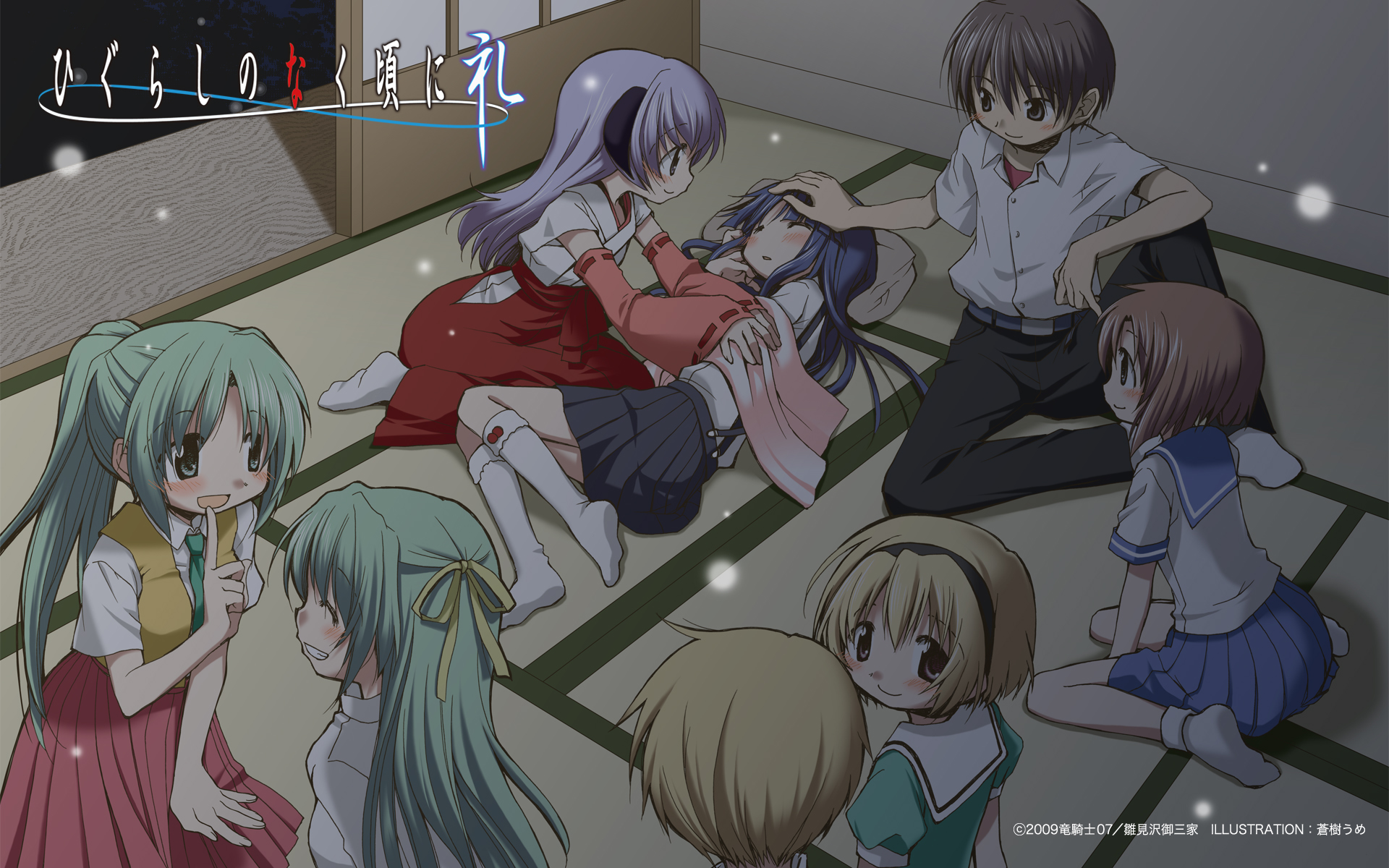 dark, furude_rika, hanyuu, higurashi_no_naku_koro_ni, horns, houjou_satoko, houjou_satoshi, japanese_clothes, maebara_keiichi, miko, ryuuguu_rena, sonozaki_mion, sonozaki_shion, ume_aoki