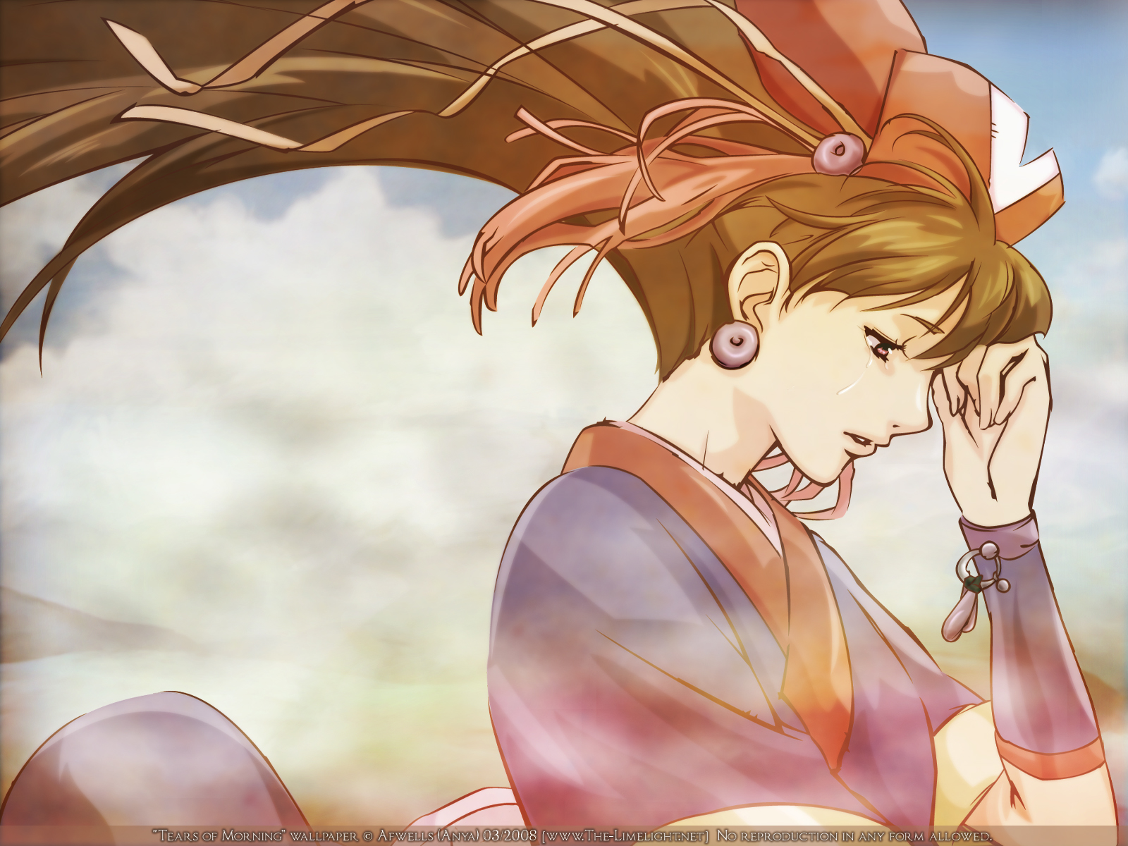 brown_hair, hat, japanese_clothes, kirara_(samurai_7), long_hair, pink_eyes, samurai_7, tagme_(artist), tears, watermark, wristwear