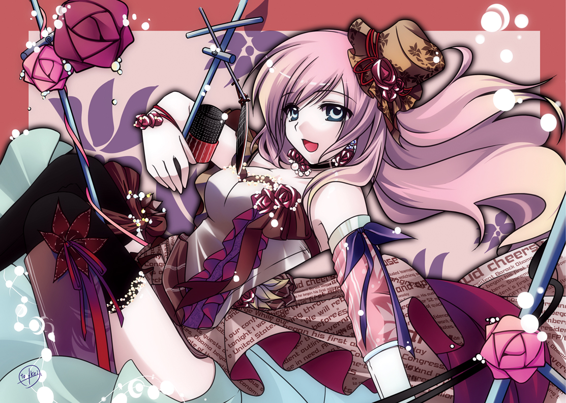 blue_eyes, choker, hat, long_hair, megurine_luka, microphone, pink_hair, ribbons, signed, thighhighs, tokei, vocaloid, wristwear