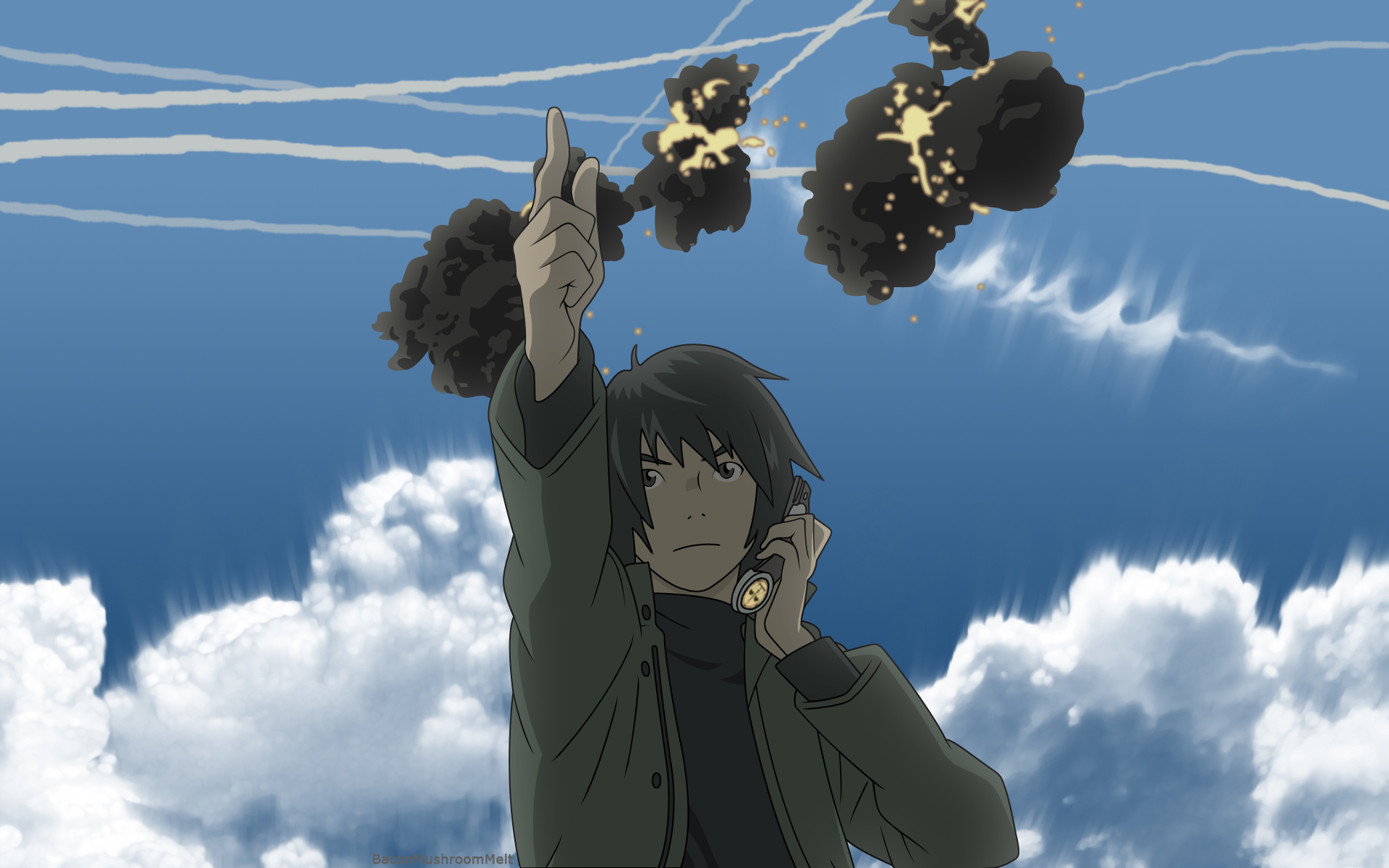 black_hair, gray_eyes, higashi_no_eden, phone, short_hair, sky, takizawa_akira, watermark