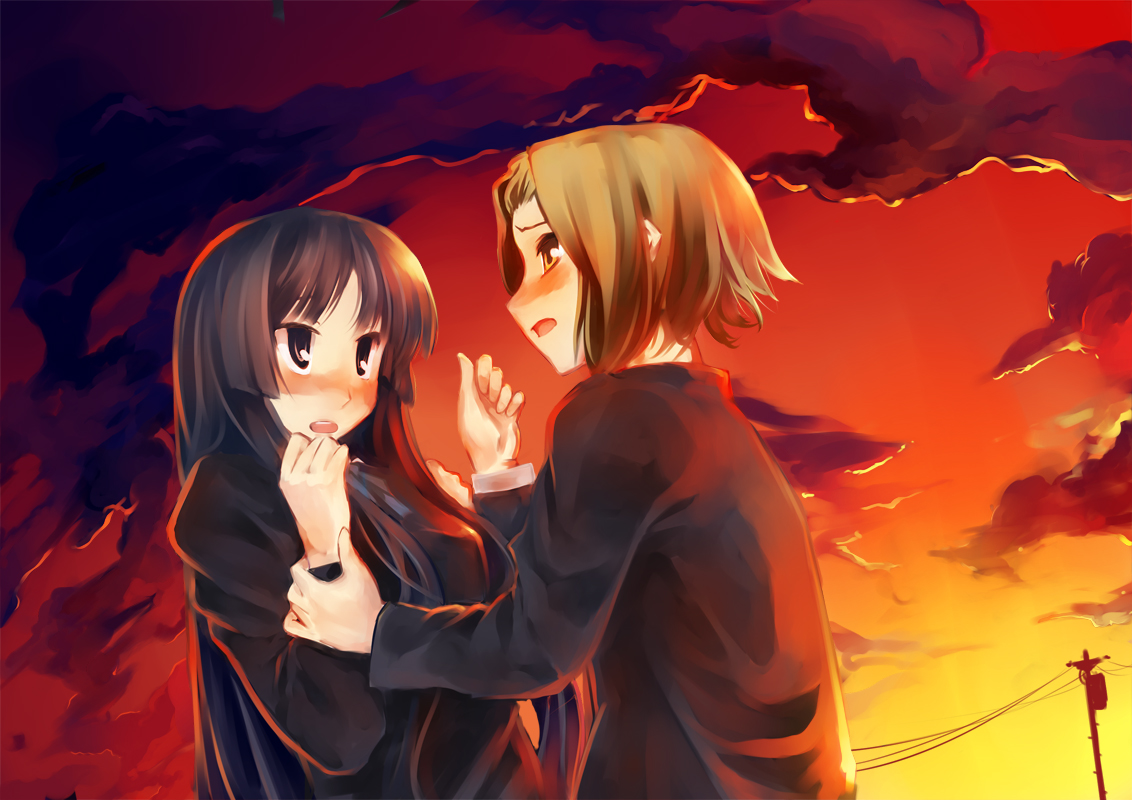 2girls, akiyama_mio, clouds, k-on!, pino_(birthdayparty), sky, tainaka_ritsu