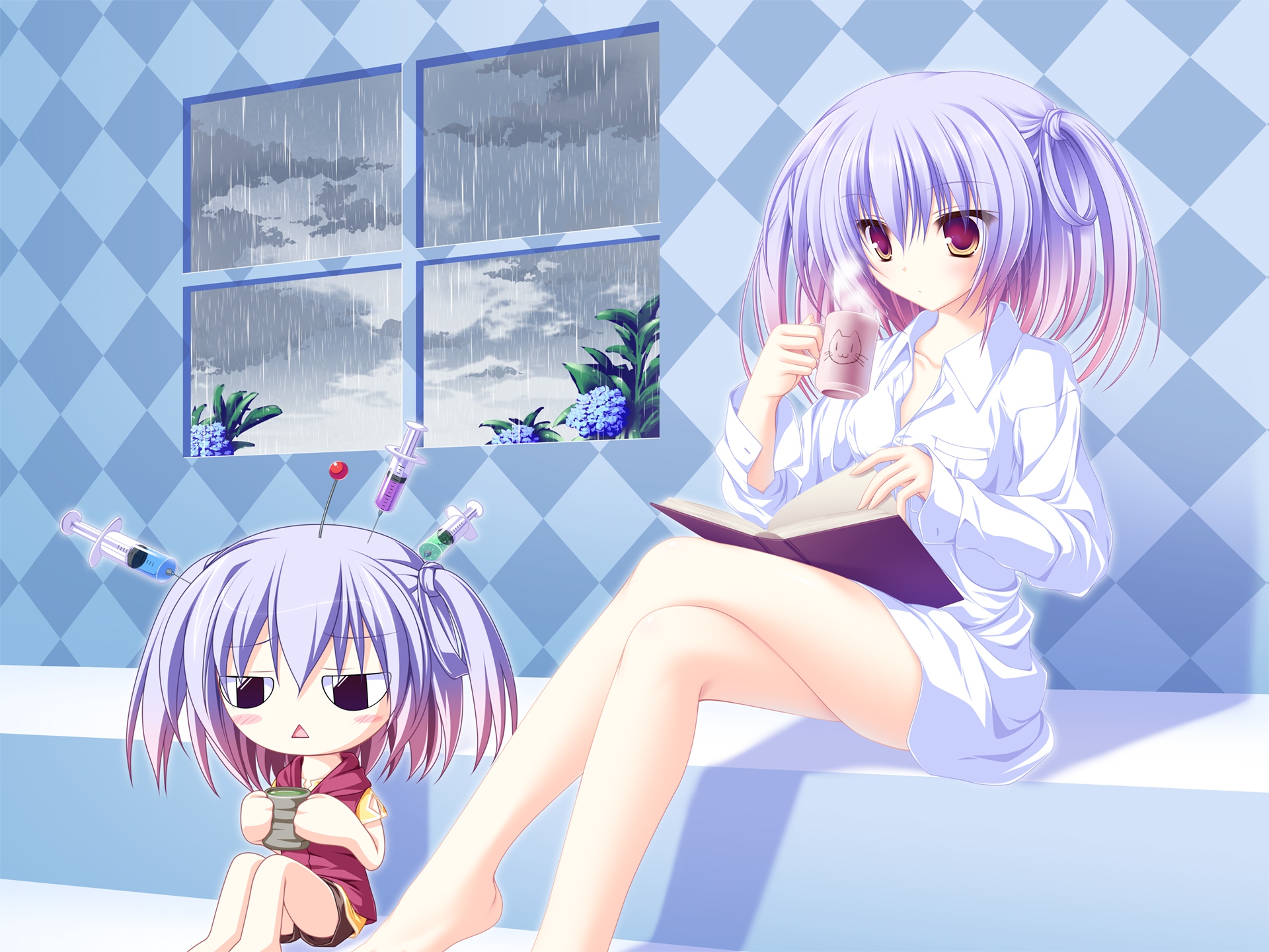 77, book, drink, gray_hair, mikagami_mamizu, tsuneha_aki