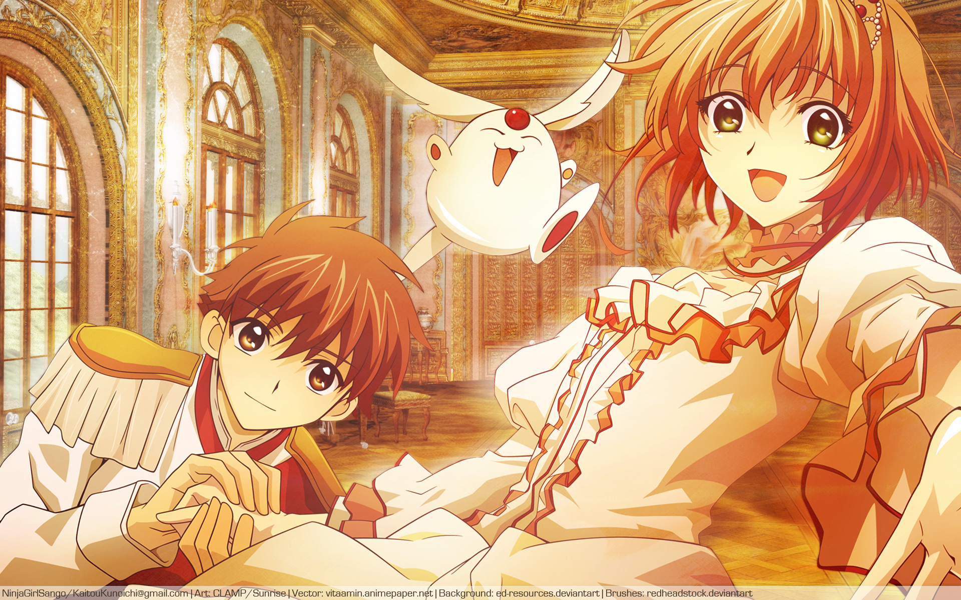 brown_eyes, brown_hair, green_eyes, mokona, sakura_(tsubasa), syaoran, tsubasa_reservoir_chronicle, vector