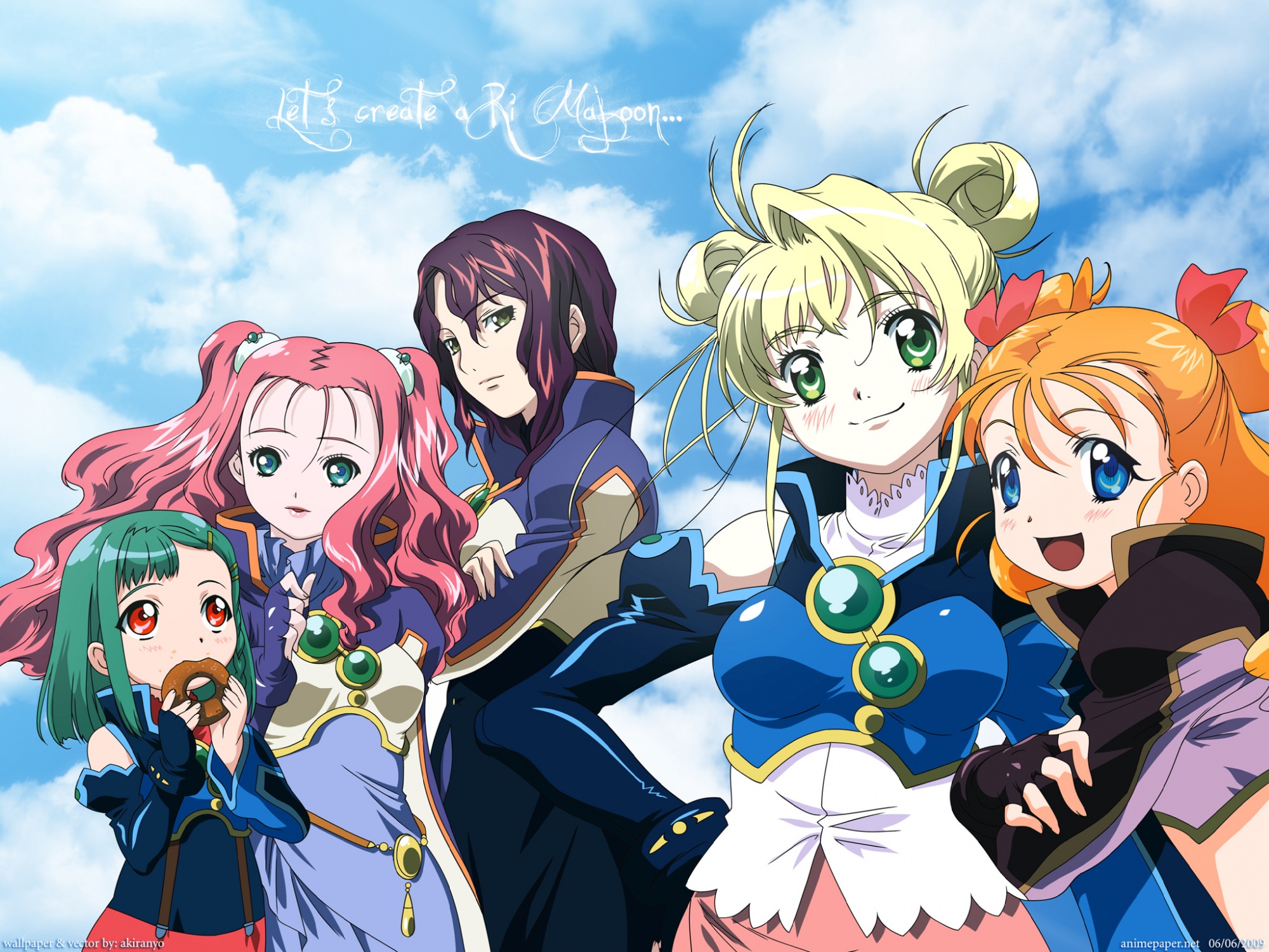 aeru, bicolored_eyes, blonde_hair, blue_eyes, brown_hair, clouds, elbow_gloves, floe