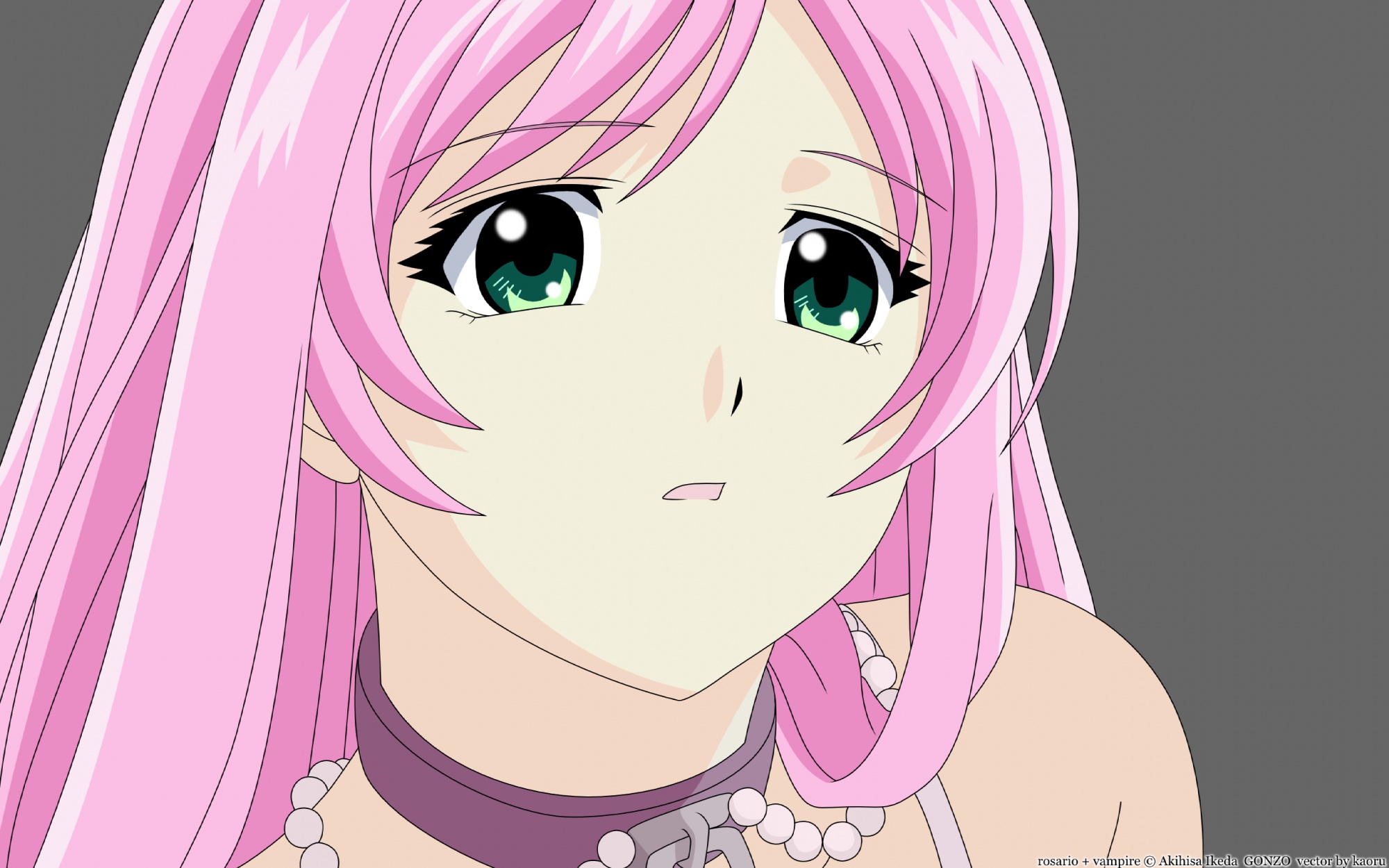 akashiya_moka, close, green_eyes, pink_hair, rosario+vampire, signed, vector