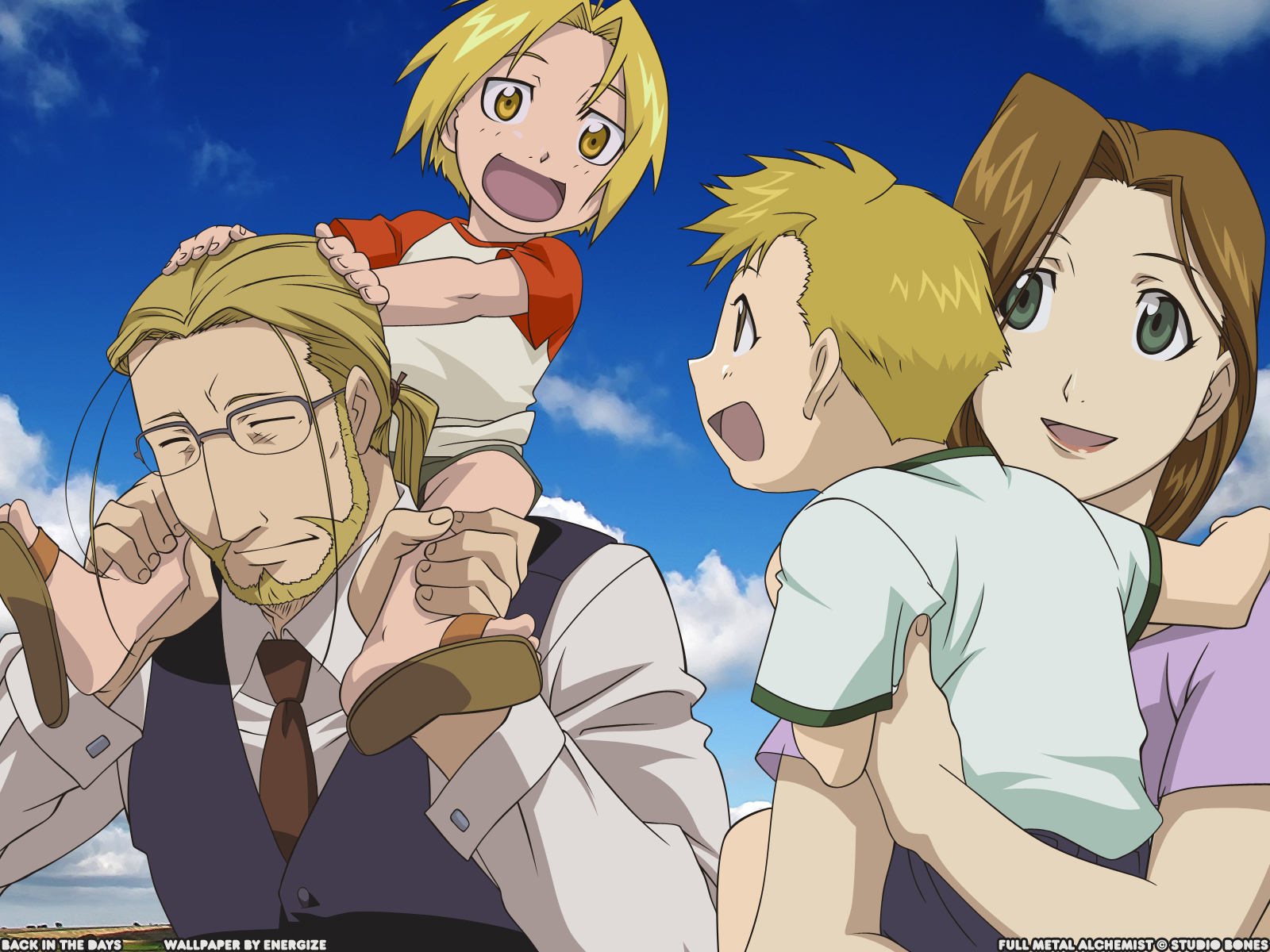alphonse_elric, blonde_hair, brown_hair, edward_elric, fullmetal_alchemist, green_eyes, trisha_elric, van_hohenheim
