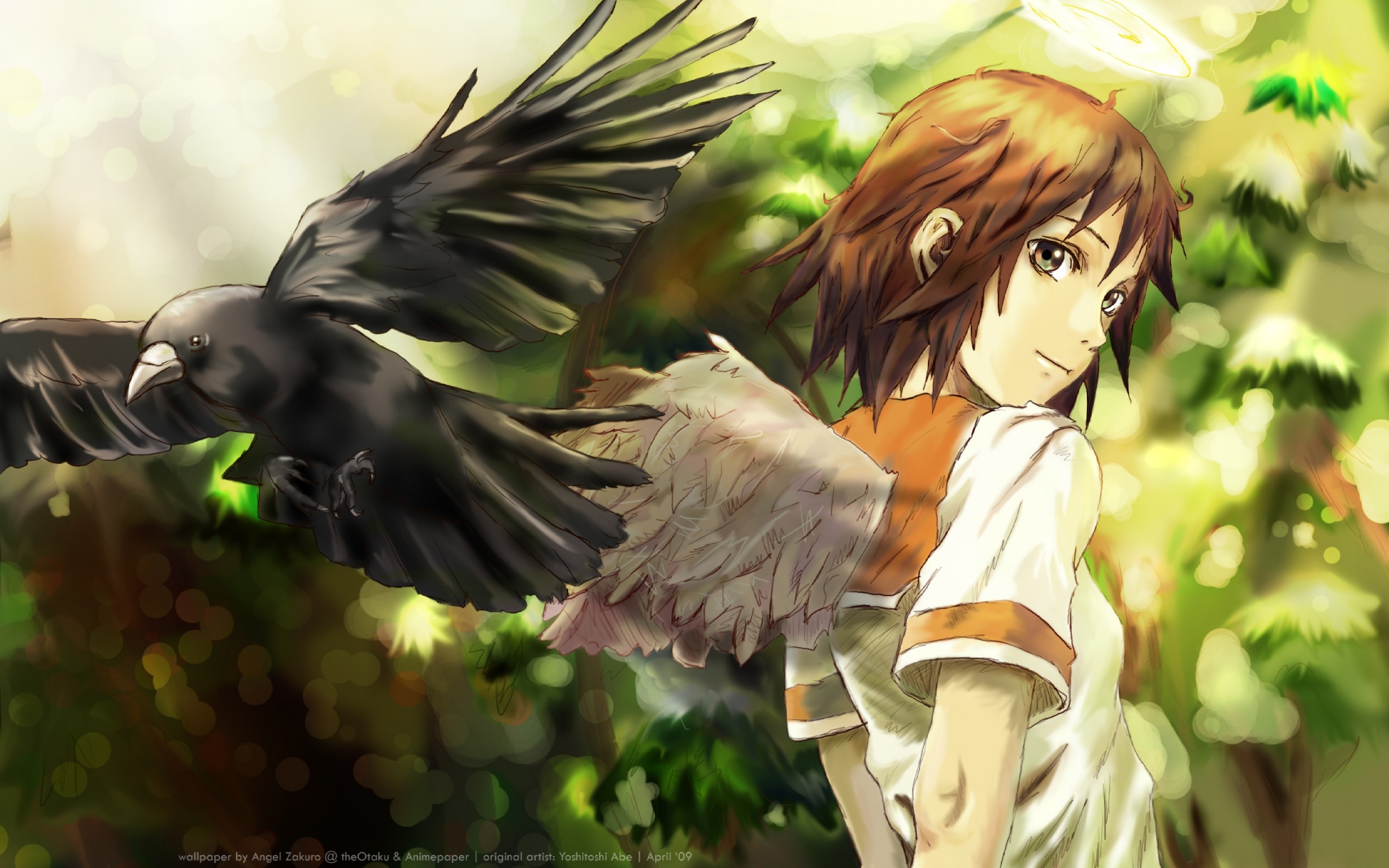 angel, animal, bird, brown_eyes, brown_hair, haibane_renmei, halo, rakka