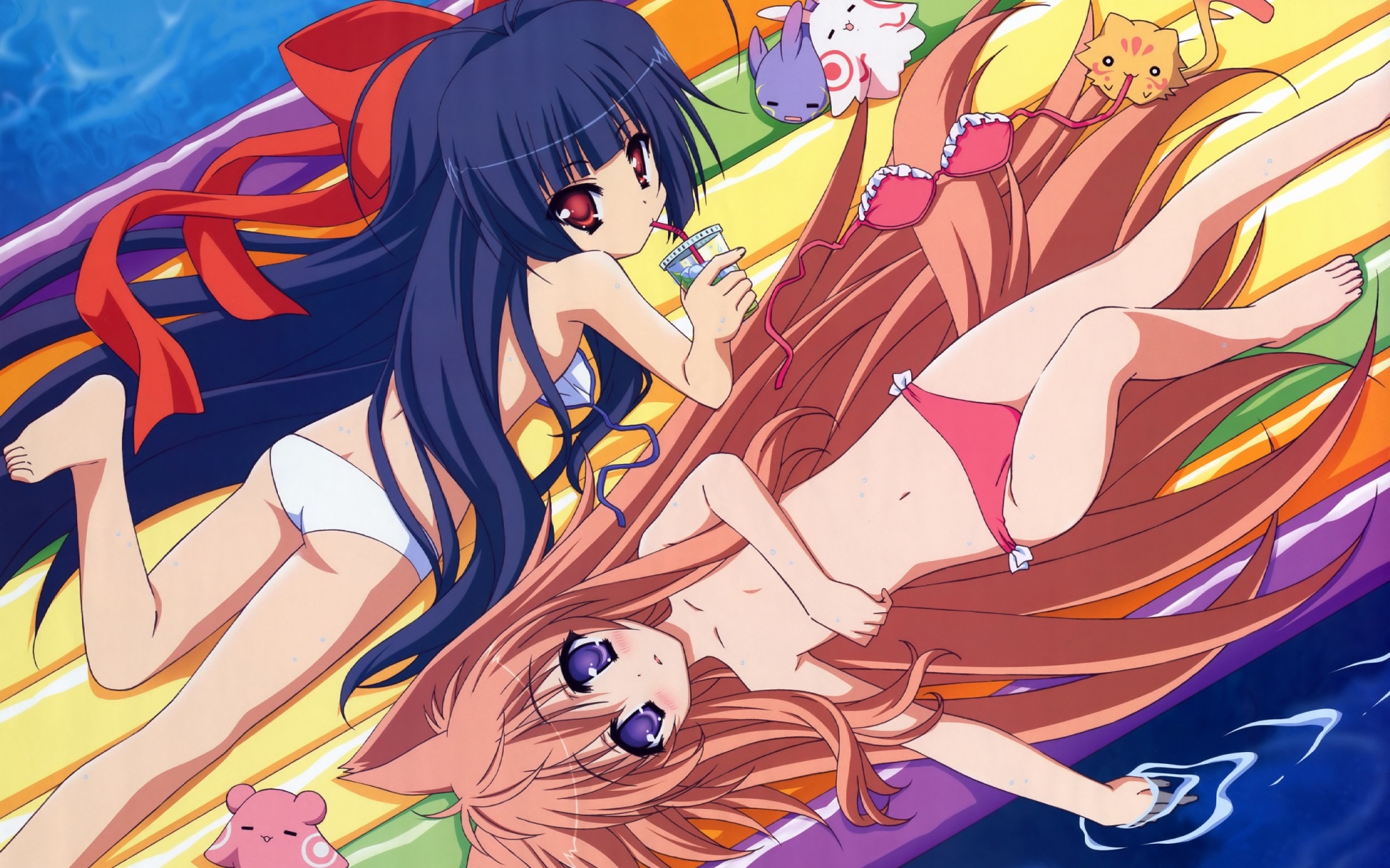 2girls, bikini, brown_hair, long_hair, mito_mashiro, navel, noda_megumi_(artist), nue