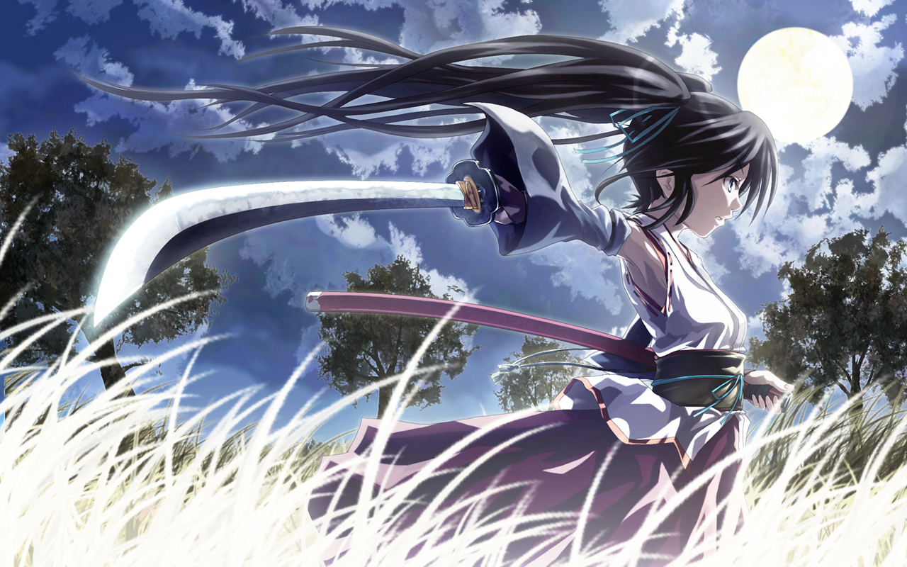 black_hair, hatsune_miku, japanese_clothes, k2pudding, katana, miko, moon, night, sword, tree, vocaloid, weapon