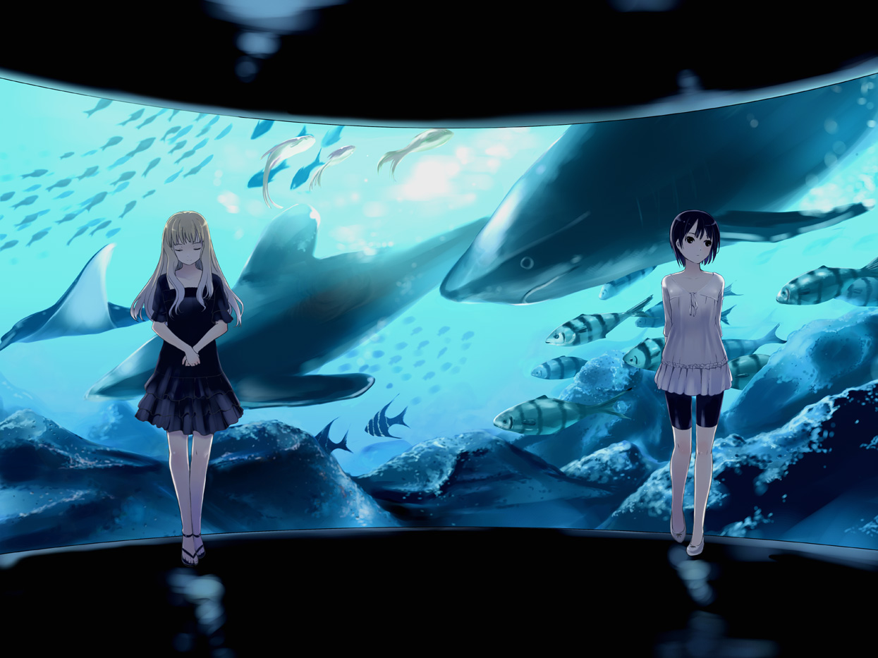 2girls, animal, fish, katase_yuu, original, water