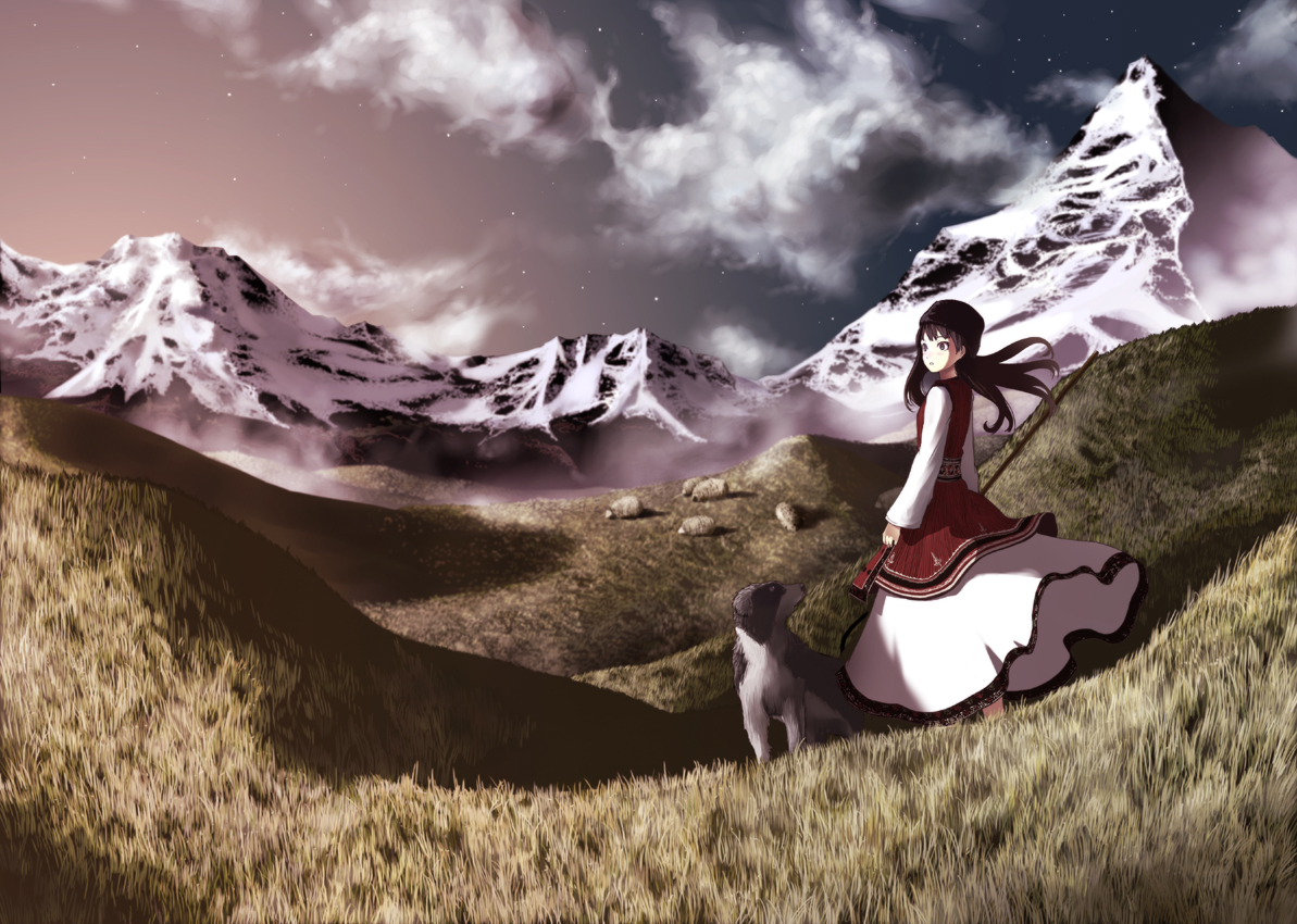 animal, black_hair, clouds, dog, dress, grass, hat, katase_yuu, long_hair, original, scenic, sheep, sky, stars, tagme