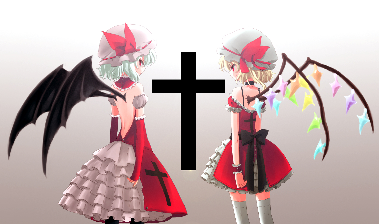 2girls, cross, flandre_scarlet, gothic, goth-loli, ica, lolita_fashion, remilia_scarlet