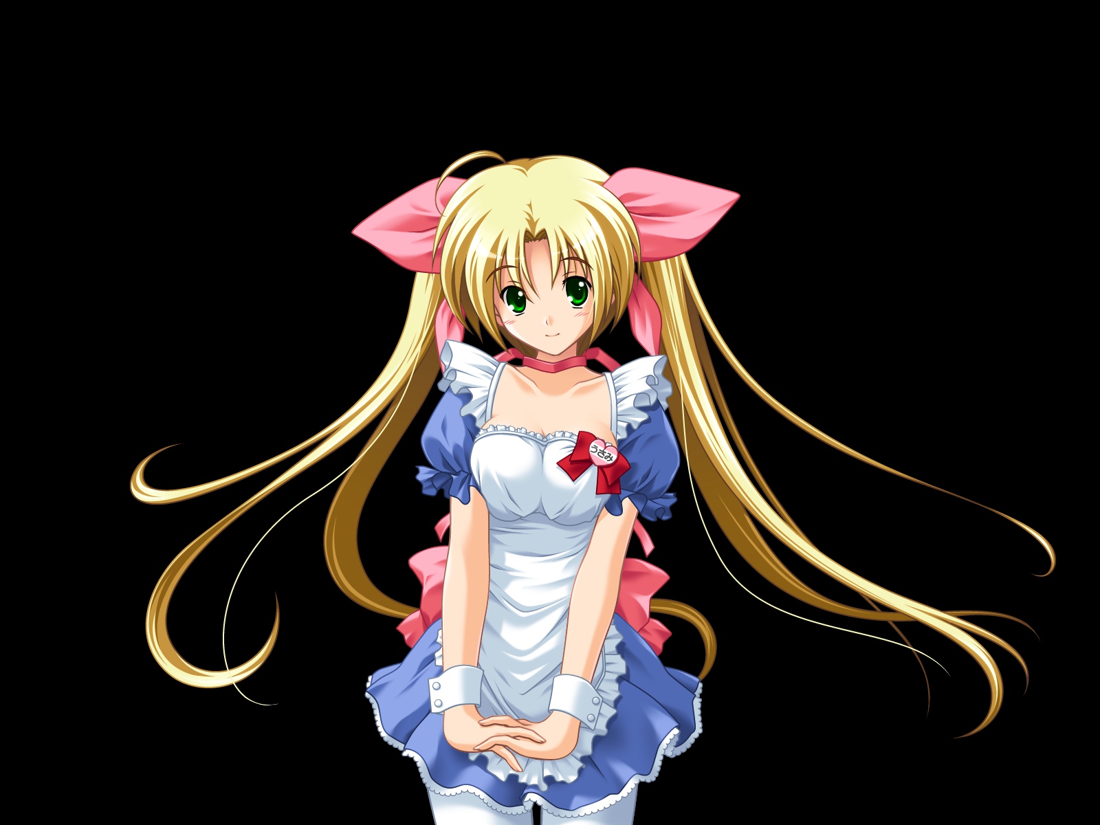blonde_hair, green_eyes, koi_q!, long_hair, transparent, twintails, usami_asuka, waitress, wristwear