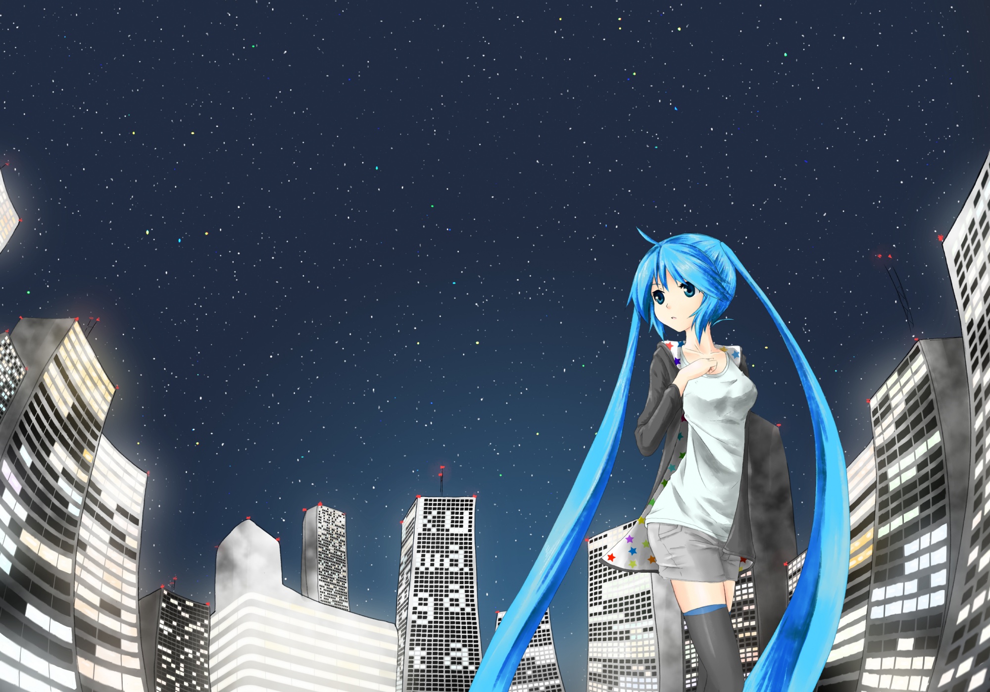 building, city, hatsune_miku, nekonaka, night, sky, stars, thighhighs
