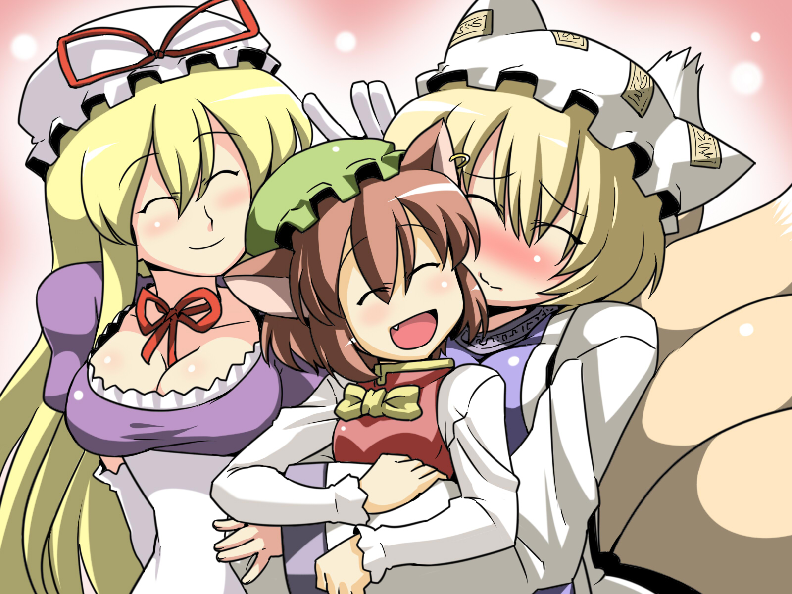 animal_ears, blonde_hair, blush, breasts, brown_hair, catgirl, chen, cleavage