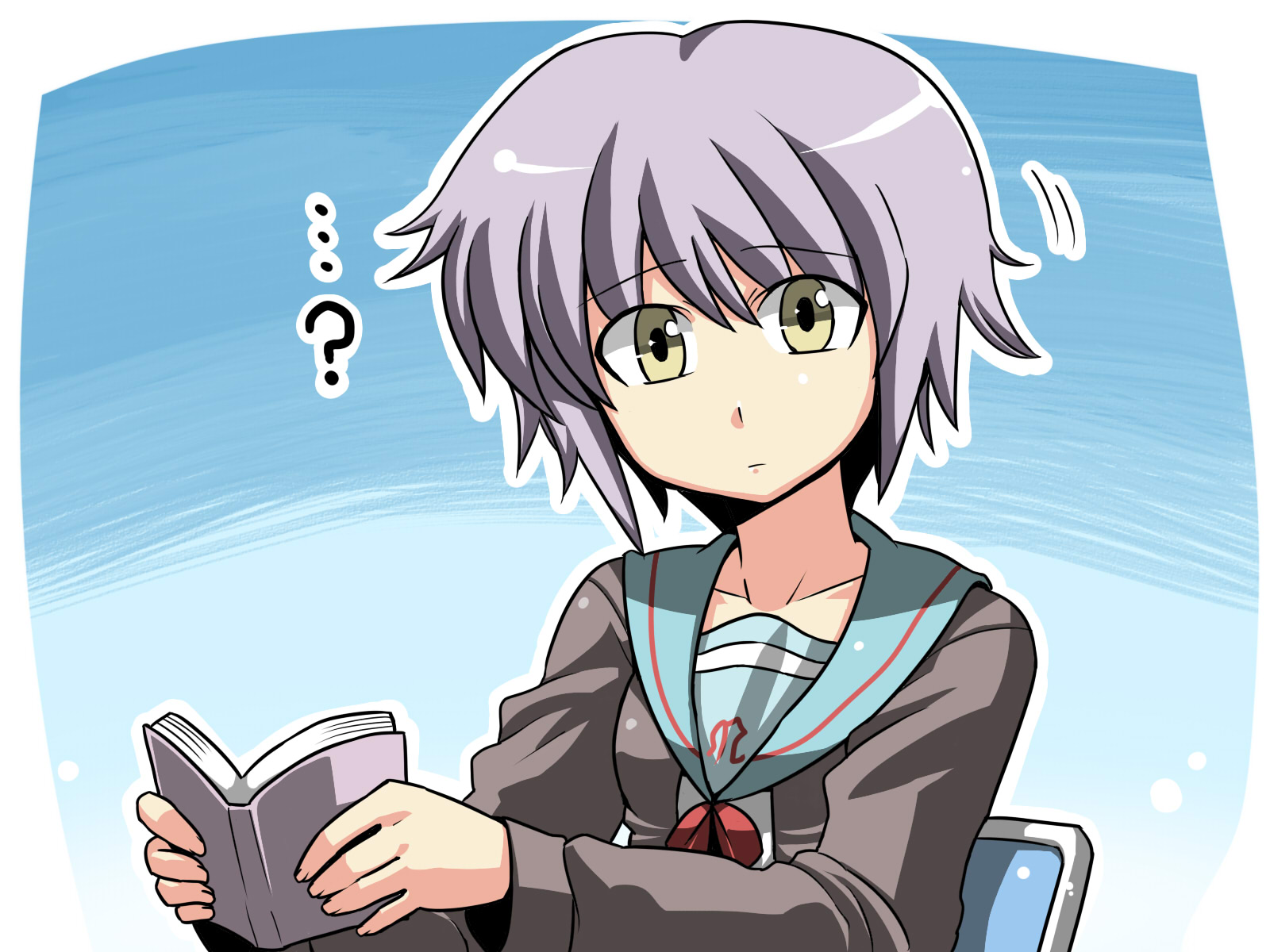 book, nagato_yuki, purple_hair, school_uniform, short_hair, suzumiya_haruhi_no_yuutsu, tsuki_wani, yellow_eyes