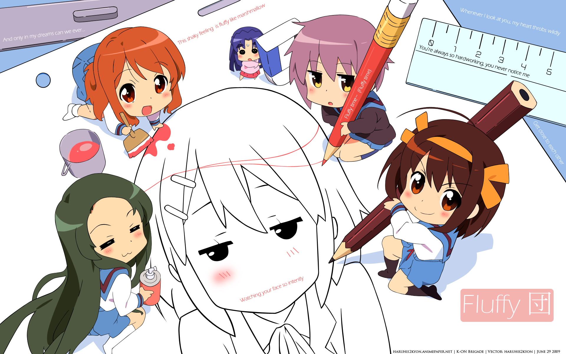 asahina_mikuru, asakura_ryouko, chibi, crossover, hirasawa_yui, k-on!, nagato_yuki, nishiya_futoshi