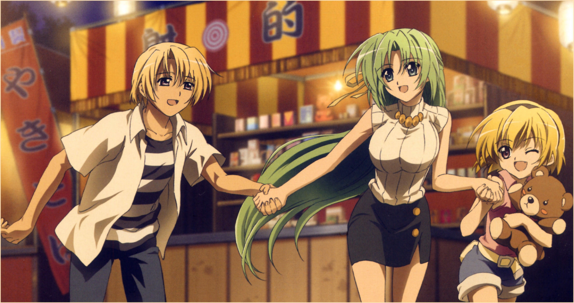blonde_hair, green_eyes, green_hair, higurashi_no_naku_koro_ni, houjou_satoko, houjou_satoshi, red_eyes, ribbons