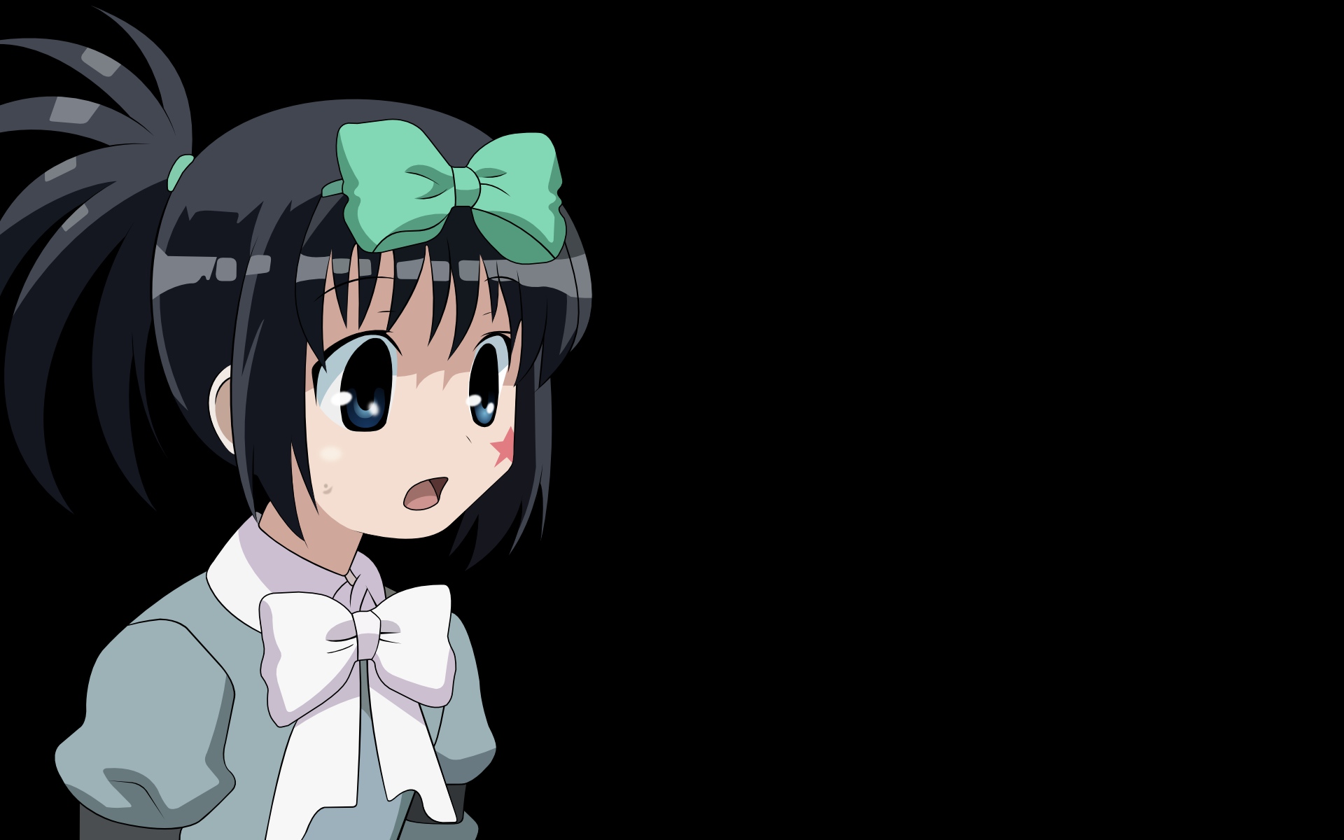 black, black_hair, blue_eyes, bow, kunihiro_hajime, ponytail, saki, tattoo