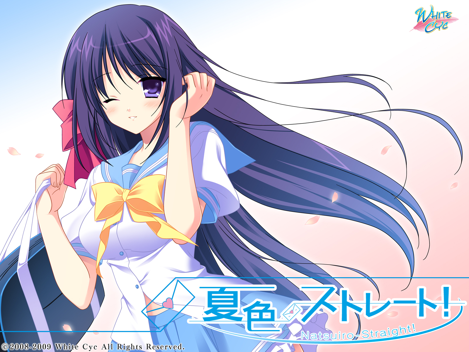 blue_eyes, blue_hair, long_hair, natsuiro_straight, school_uniform, sumeragi_itsuki, wink