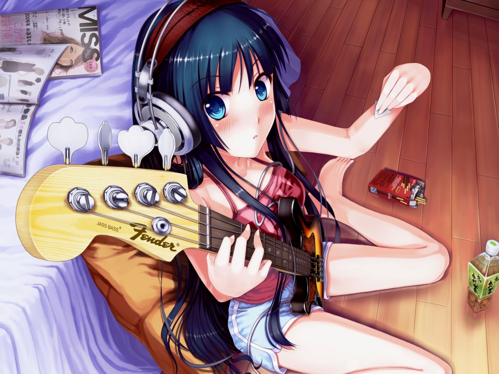 akiyama_mio, barefoot, black_hair, blue_eyes, dopollsogno, food, guitar, headphones, instrument, k-on!, long_hair, pocky, shorts