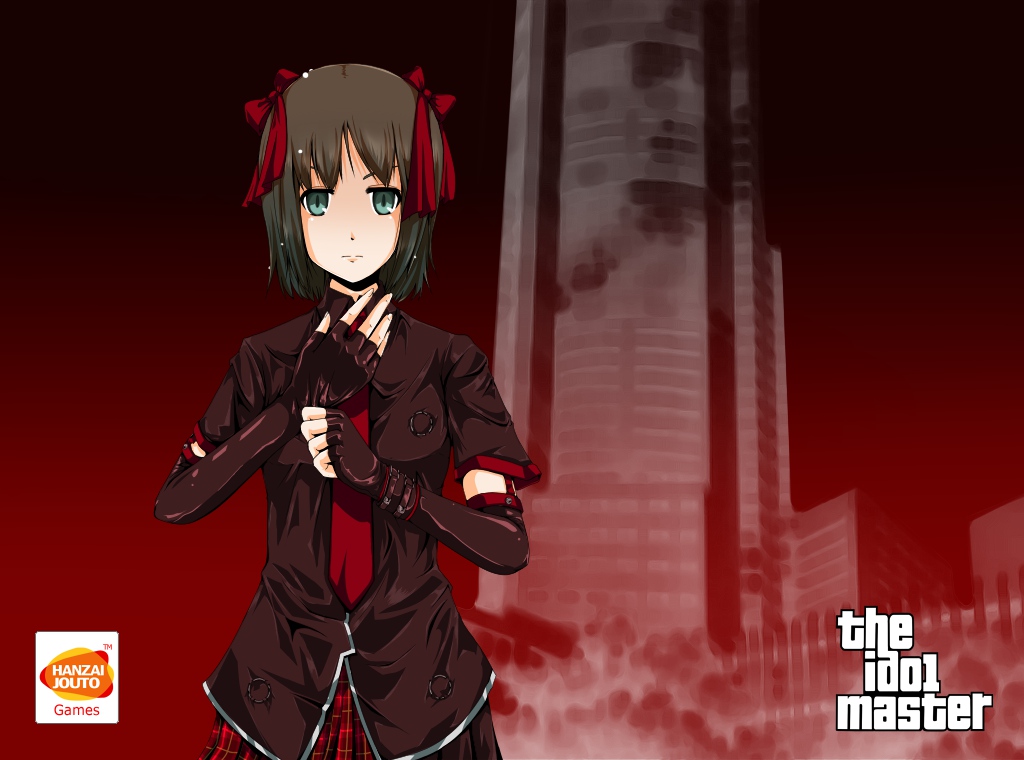 amami_haruka, aqua_eyes, brown_hair, elbow_gloves, gloves, grand_theft_auto, idolmaster, parody