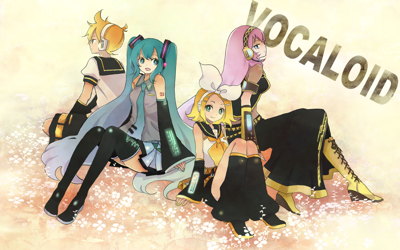 aqua_hair, blonde_hair, blue_eyes, boots, green_eyes, group, hatsune_miku, headphones, jpeg_artifacts, kagamine_len, kagamine_rin, long_hair, male, megurine_luka, pink_hair, short_hair, skirt, sugano_manami, thighhighs, tie, twintails, vocaloid
