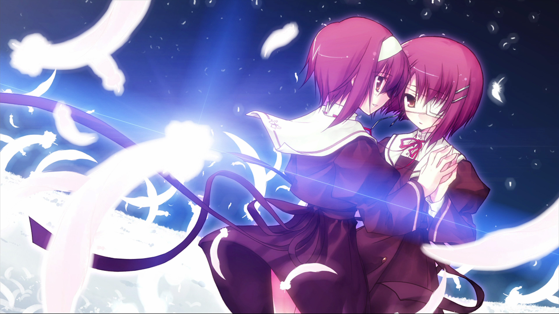 ef, eyepatch, feathers, school_uniform, shindou_chihiro, shindou_kei, twins