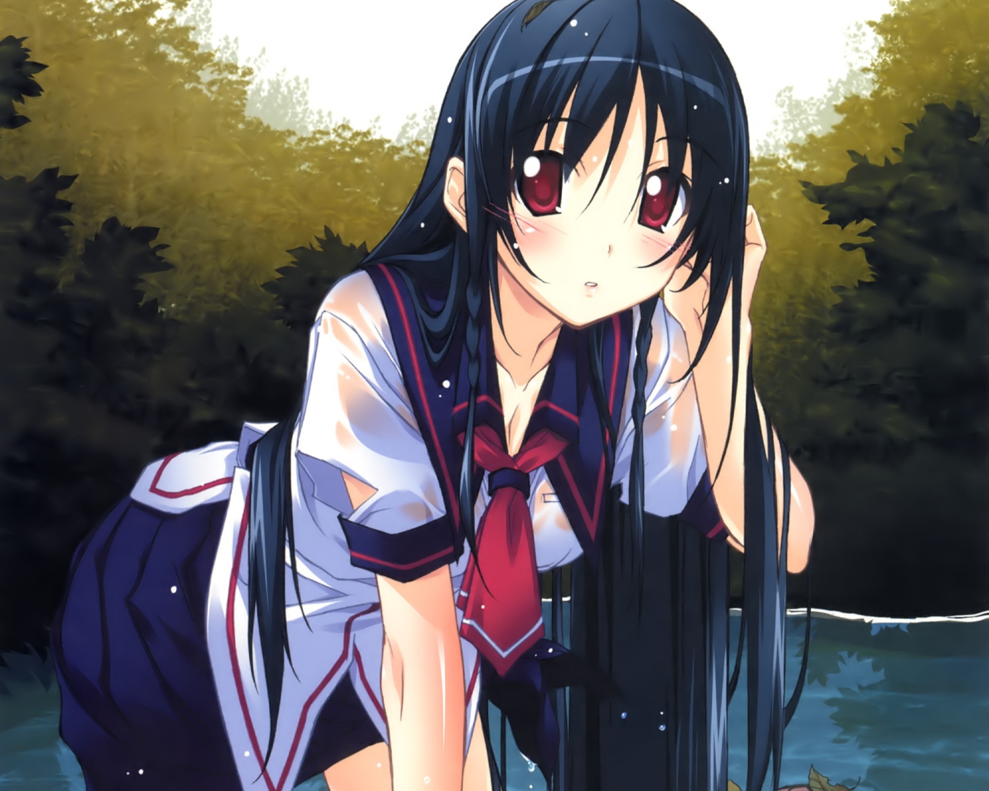 black_hair, hata_seika, hitoyume, kurashima_tomoyasu, long_hair, red_eyes, school_uniform, wet