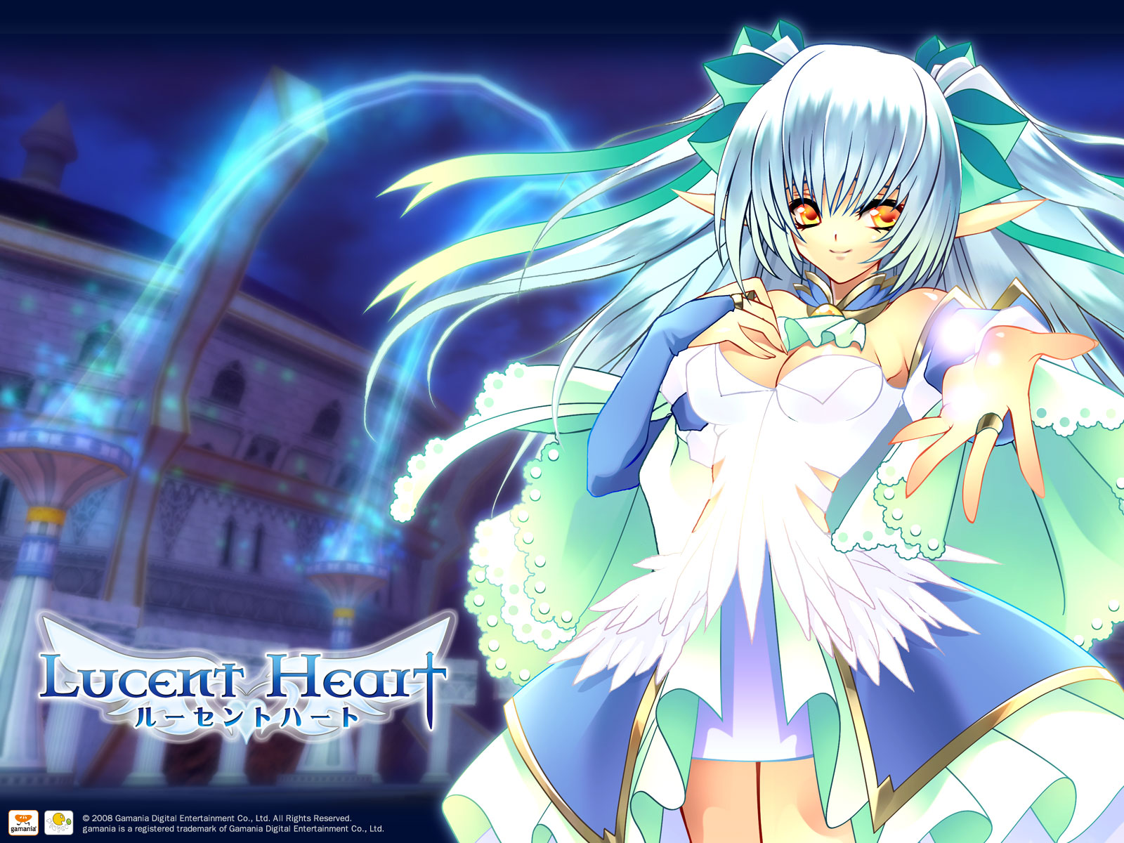 bow, breasts, cleavage, dress, gamania, long_hair, lucent_heart, orange_eyes