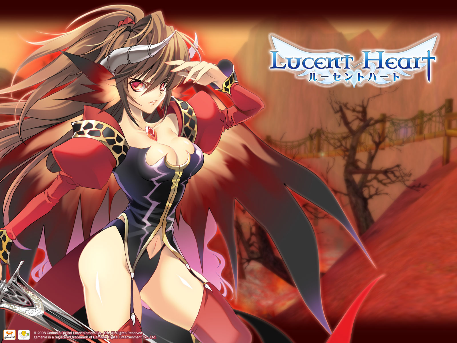 animal_ears, breasts, brown_hair, cadena, cleavage, demon, dress, gamania, horns, long_hair, lucent_heart, ponytail, rangetsu, red_eyes, stockings, sword, thighhighs, weapon, wings