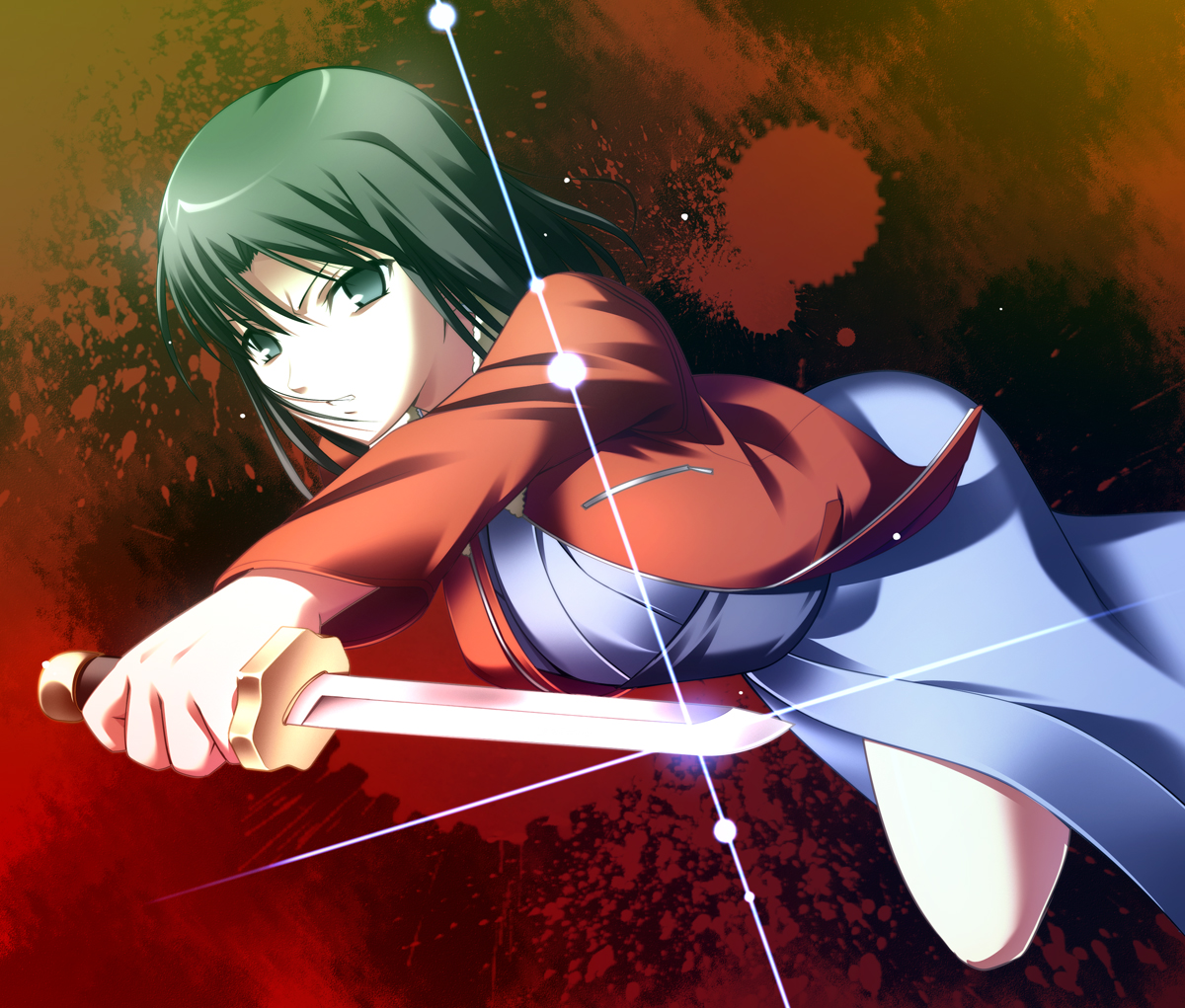blood, green_eyes, green_hair, japanese_clothes, kara_no_kyoukai, kimono, knife, natsukon