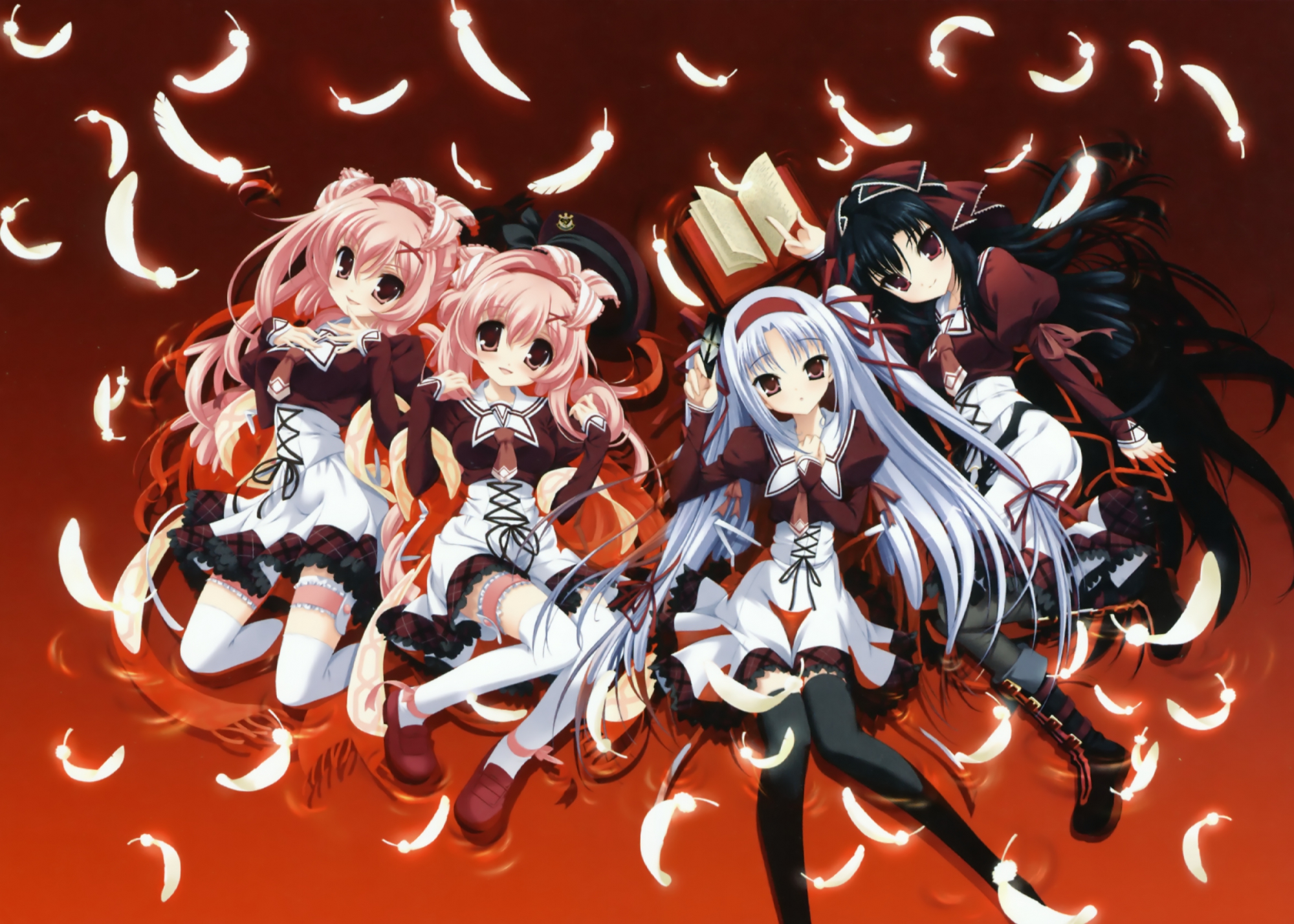 11_eyes, azuma_shione, hagiwara_onsen, kuroshiba_kanae, long_hair, momono_shiori, red_eyes, thighhighs, youta