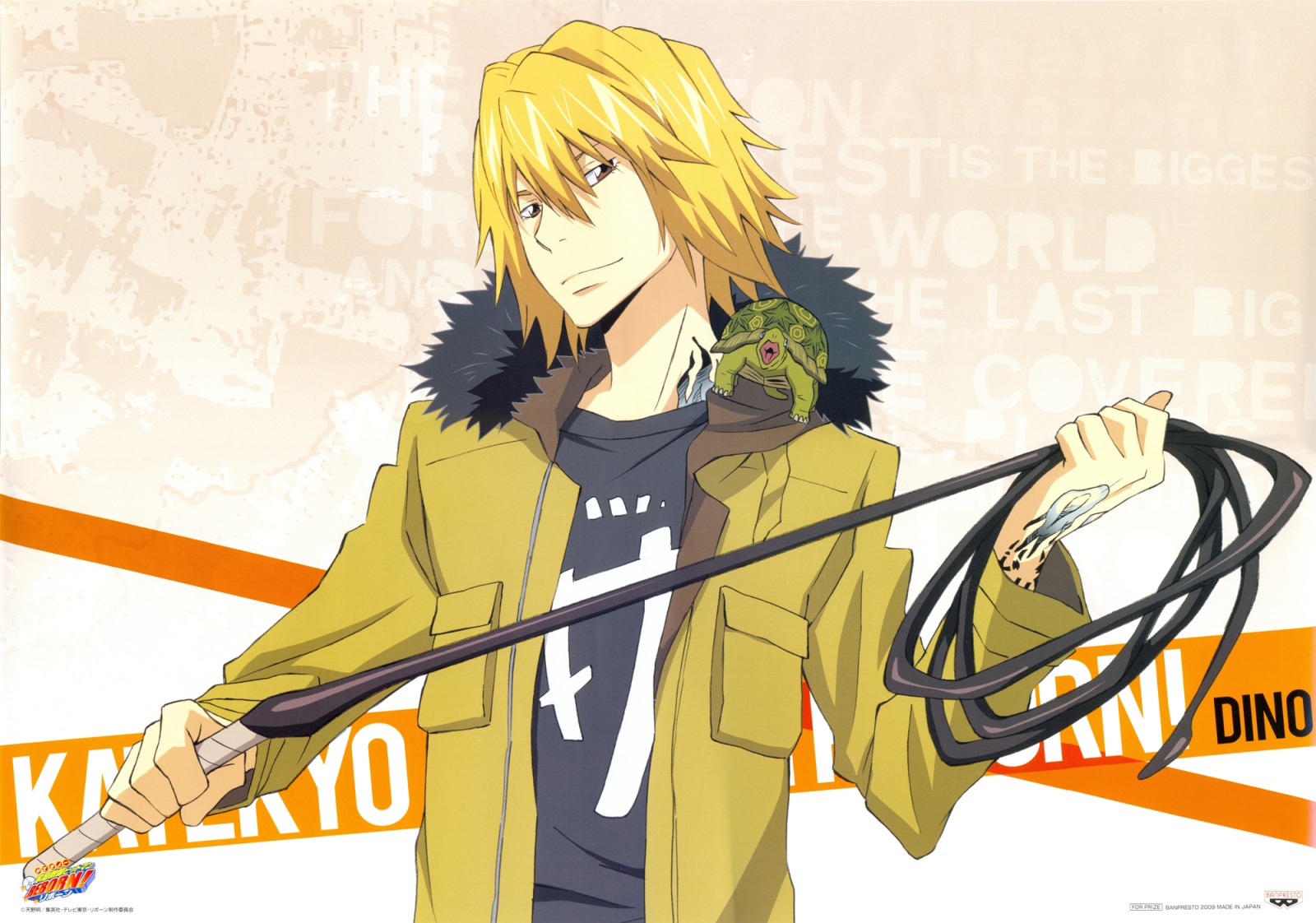 all_male, animal, blonde_hair, brown_eyes, dino_cavallone, katekyou_hitman_reborn, male, scan, short_hair, tattoo, turtle, watermark