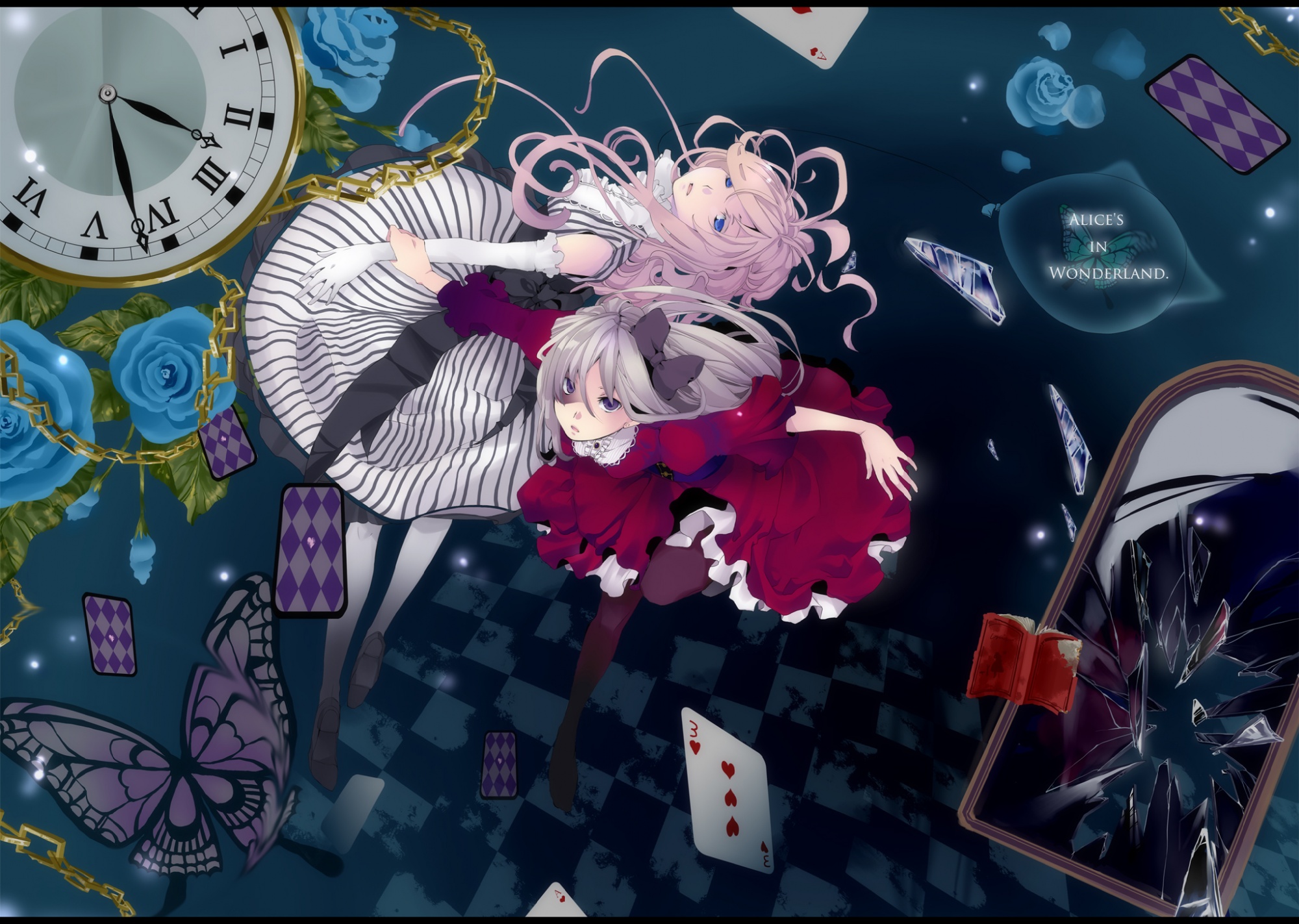 alice_in_wonderland, book, butterfly, chain, dress, flowers, gray_hair, kuduq, lolita_fashion, long_hair, pantyhose, pink_hair, rose