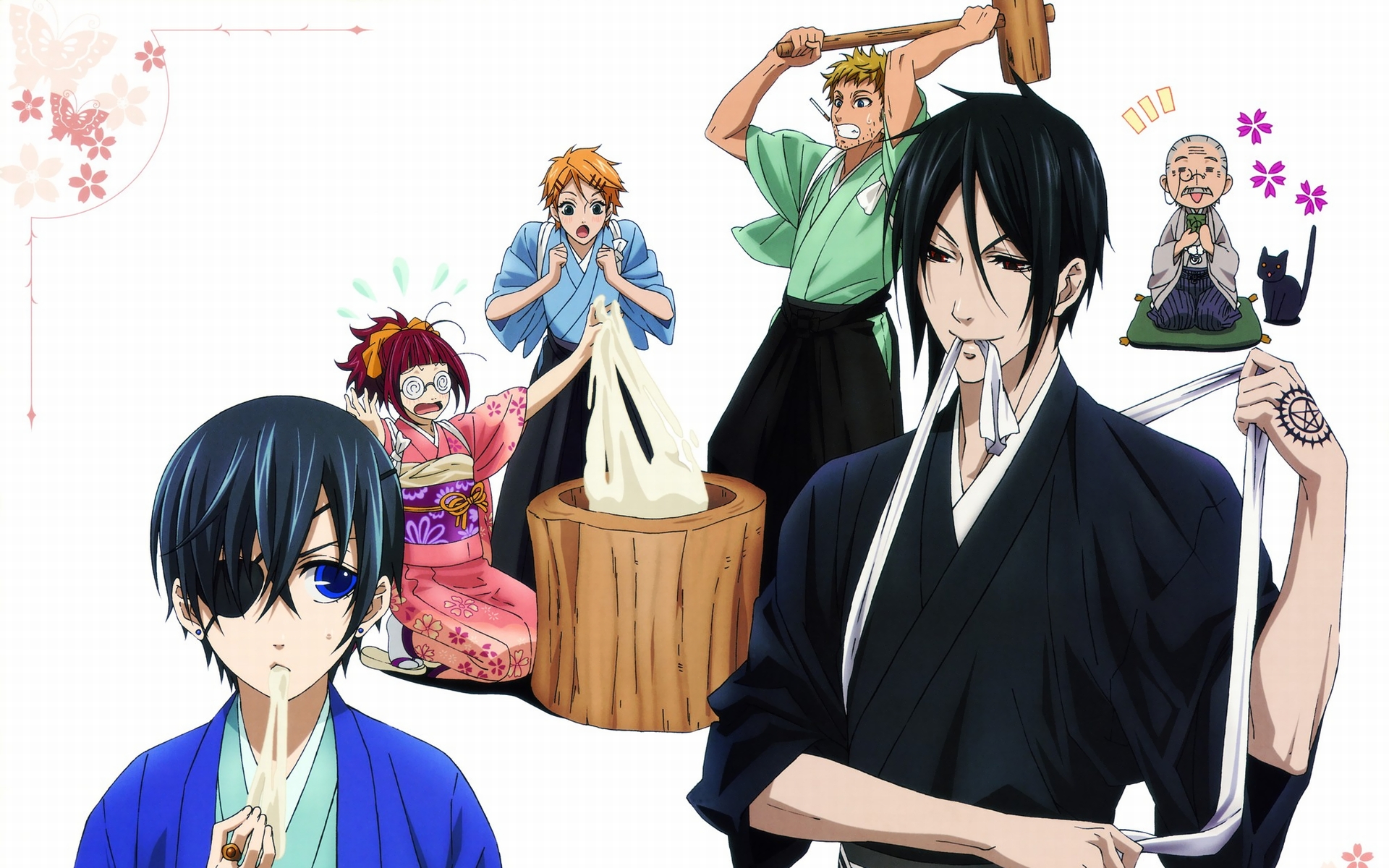 animal, bard, cat, ciel_phantomhive, eyepatch, finnian, japanese_clothes, kimono