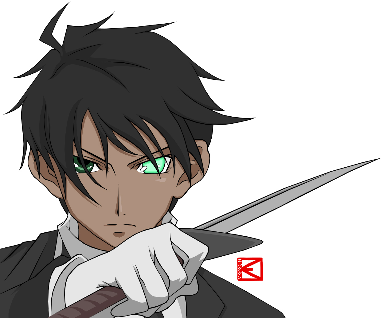 all_male, green_eyes, hakushaku_to_yousei, knife, male, raven, sword, weapon